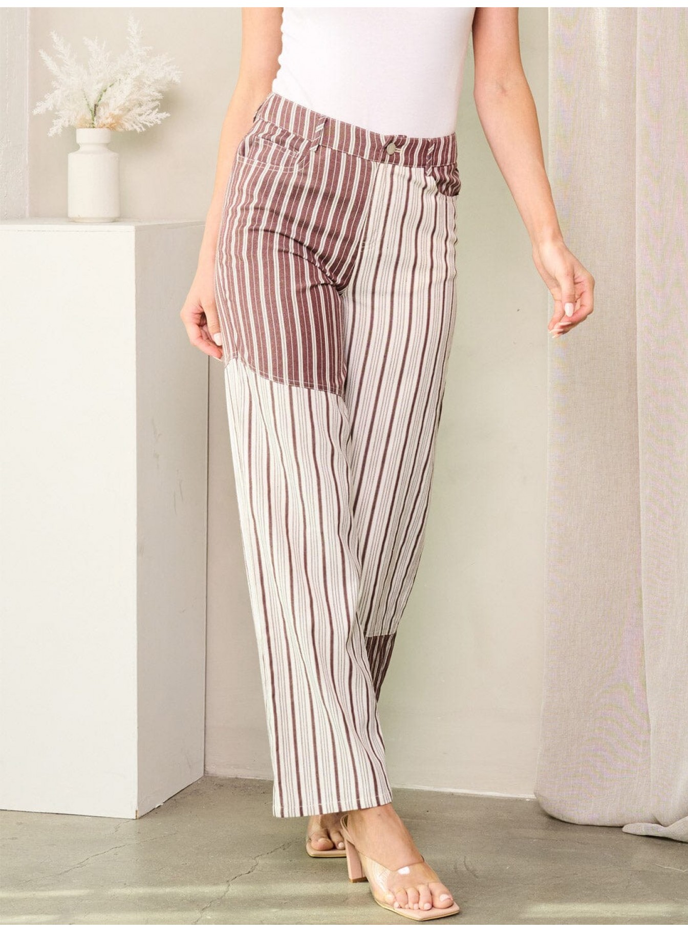 WOMEN'S BUTTON CLOSURE POCKETS STRIPES COLORBLOCK PANTS