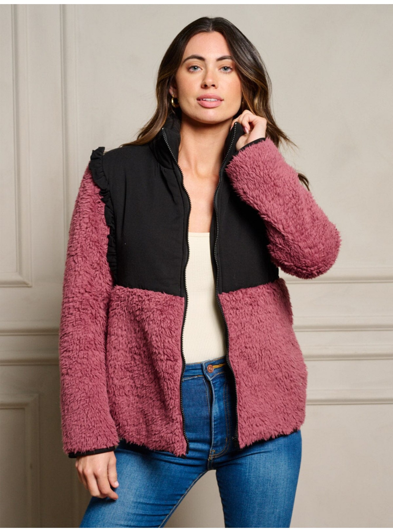 WOMEN'S LONG SLEEVE ZIP UP SHERPA COLORBLOCK JACKET