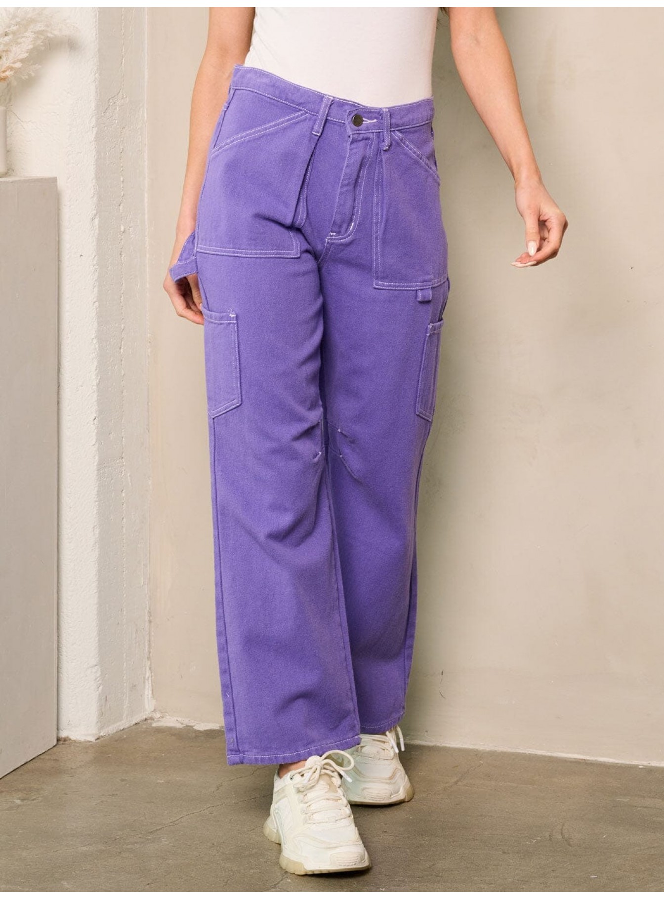 WOMEN'S BUTTON CLOSURE WIDE LEG POCKETS DENIM PANTS