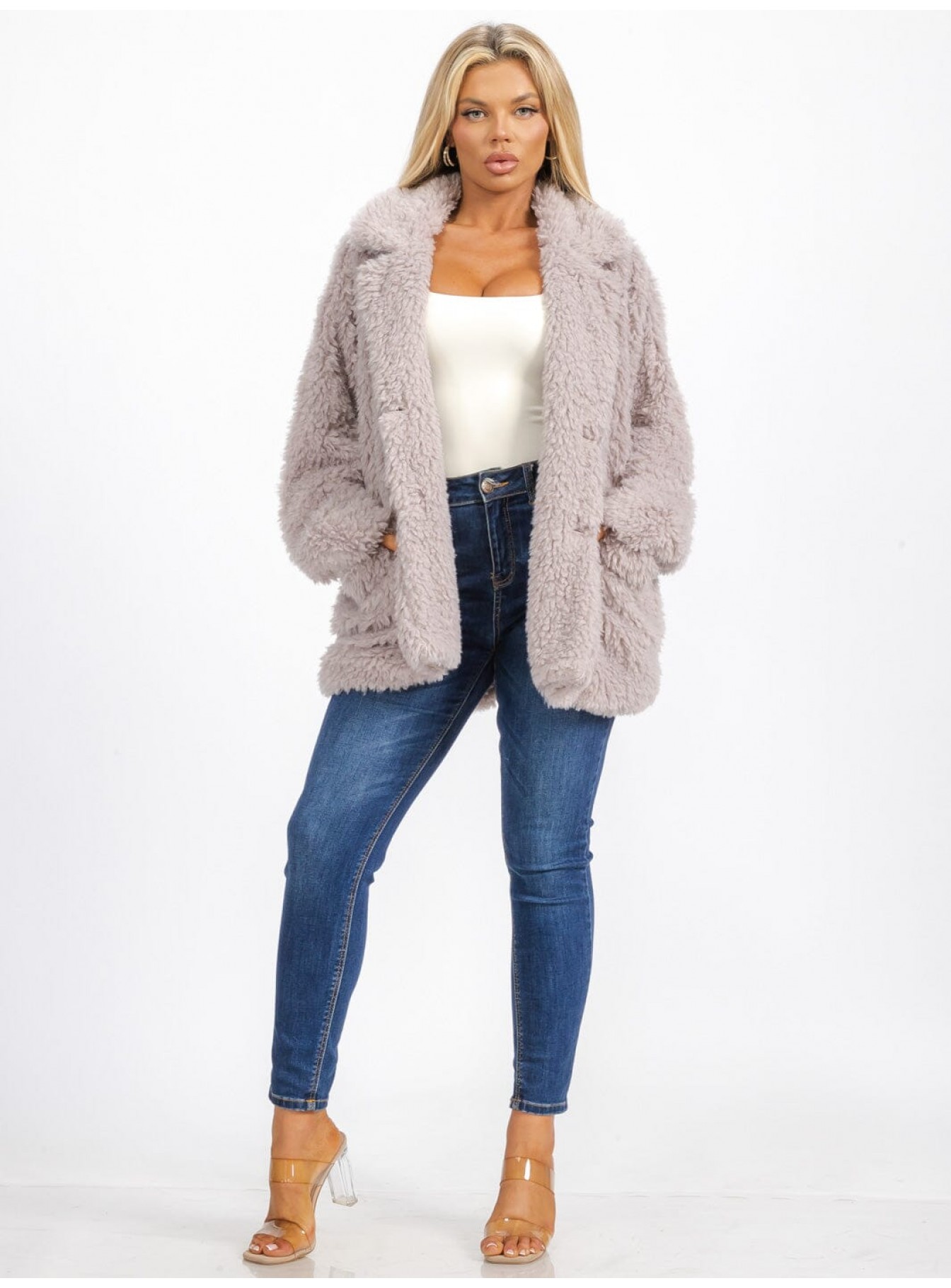 WOMEN'S LONG SLEEVE BUTTON CLOSURE FRONT POCKETS SHERPA JACKET