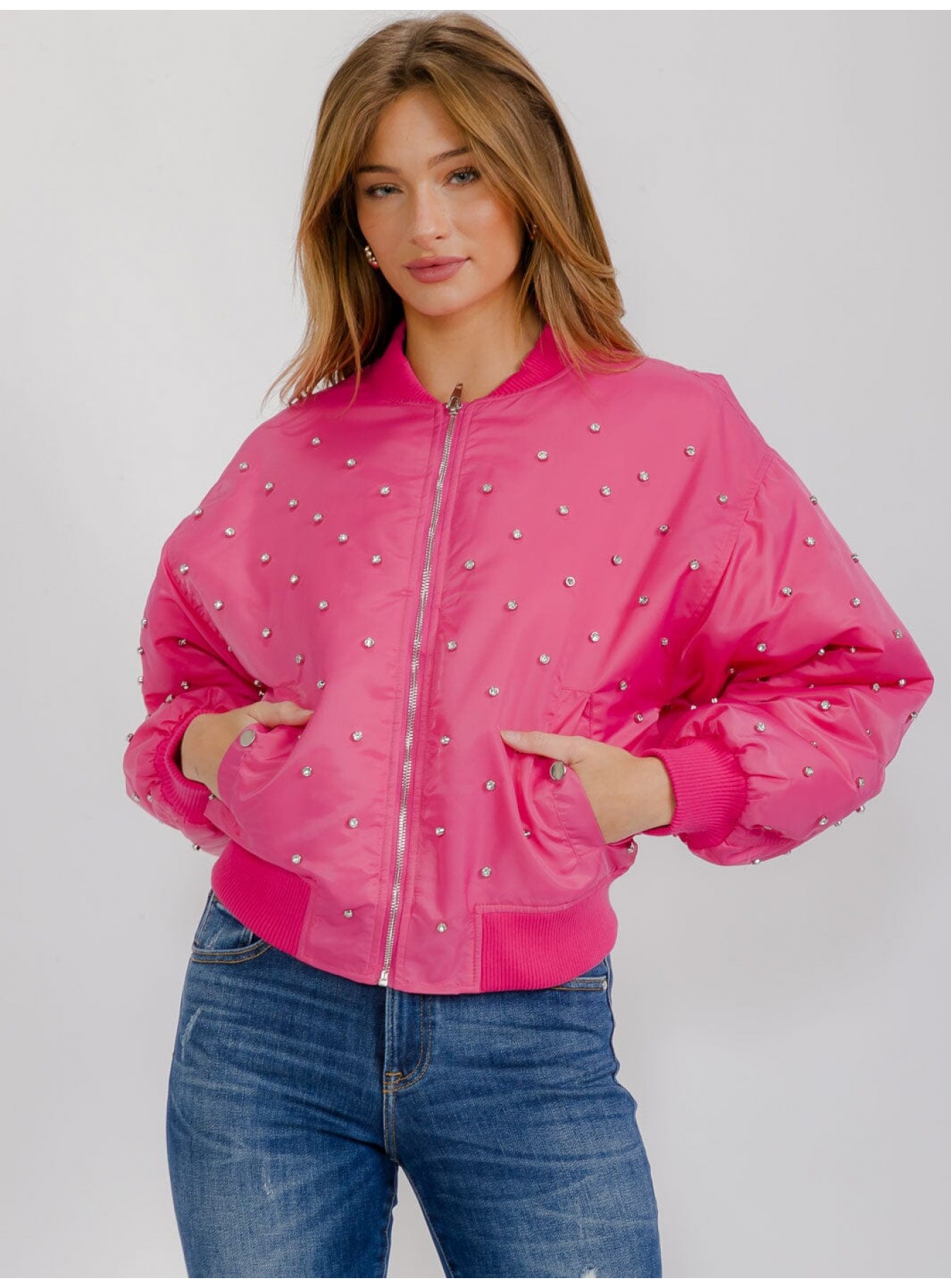 WOMEN'S LONG SLEEVE FRONT POCKETS ZIP UP STUDS DETAILED PUFFER JACKET