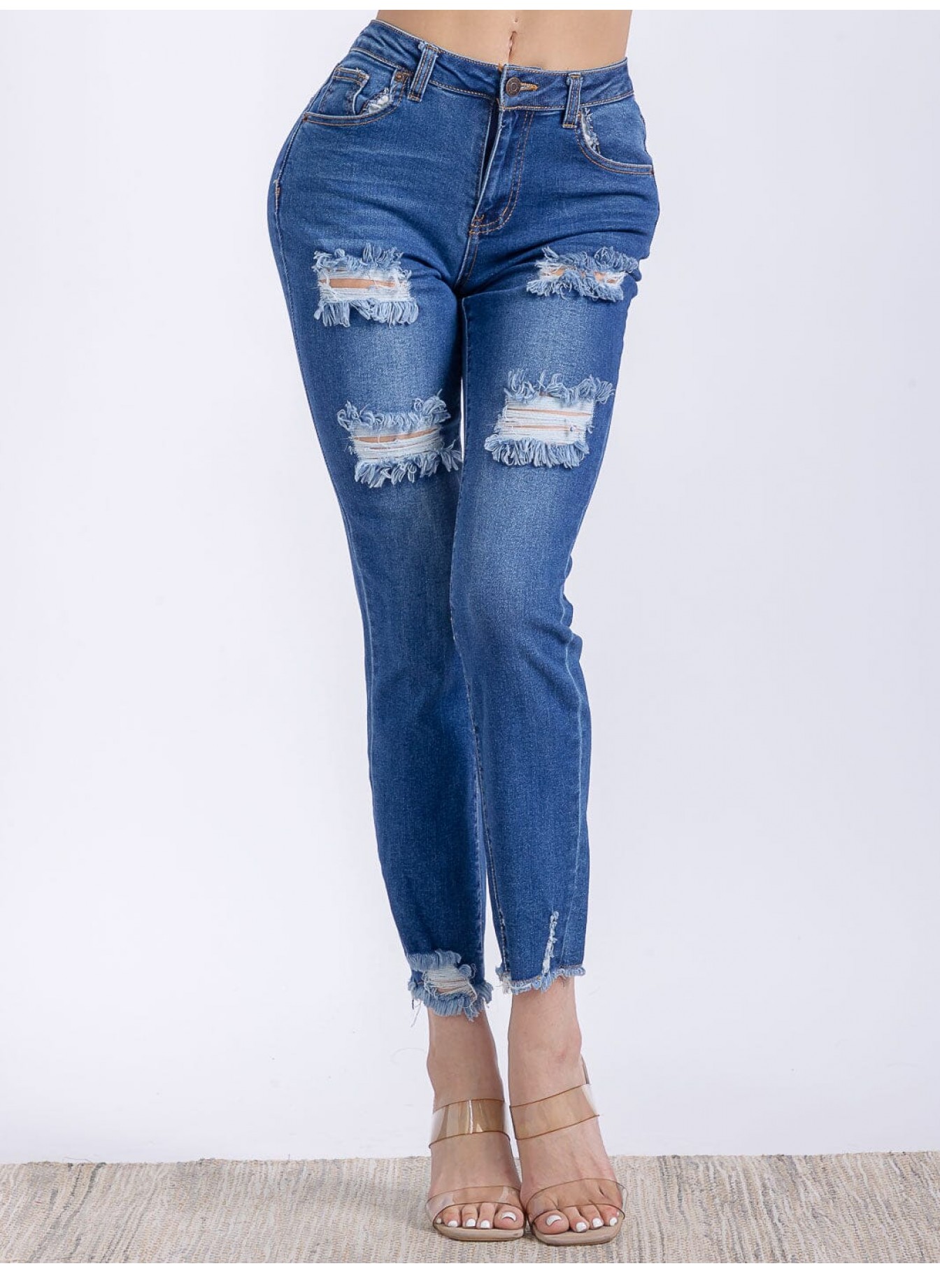 WOMEN'S BUTTON CLOSURE CARGO POCKETS DISTRESS HIGH STRETCH DENIM PANTS