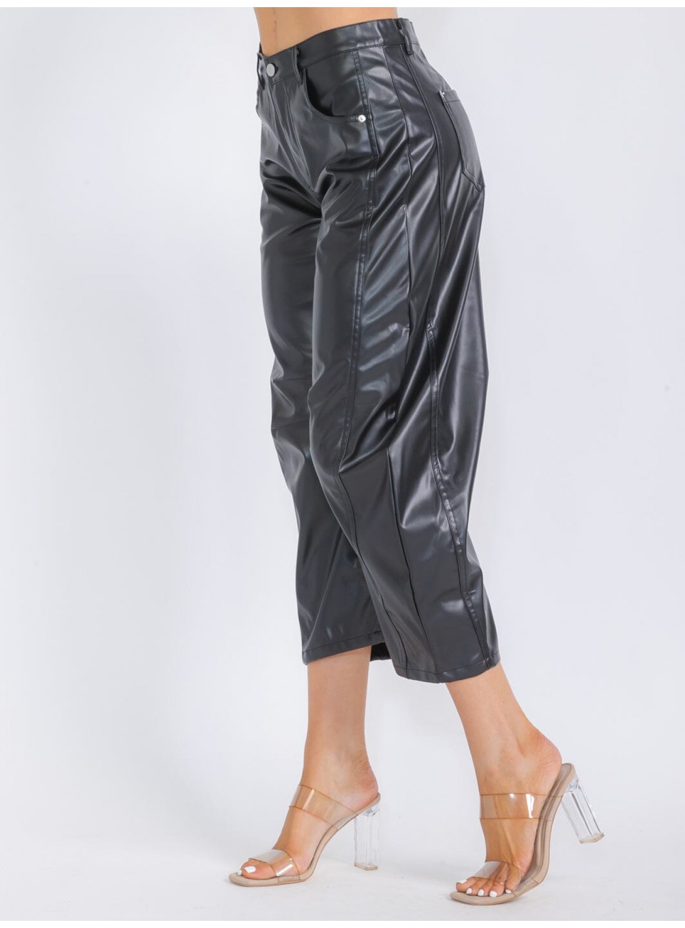 WOMEN'S BUTTON CLOSURE POCKETS PU PLEATHER WIDE LEG PANTS