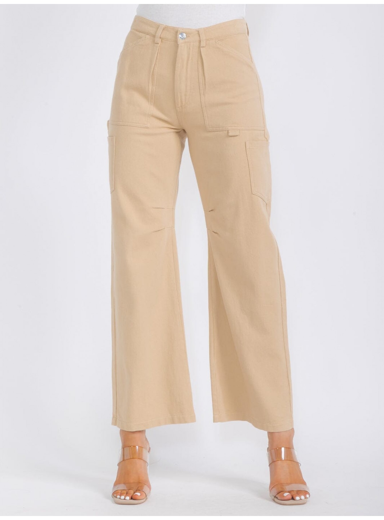 WOMEN'S BUTTON CLOSURE POCKETS WIDE LEG DENIM PANTS