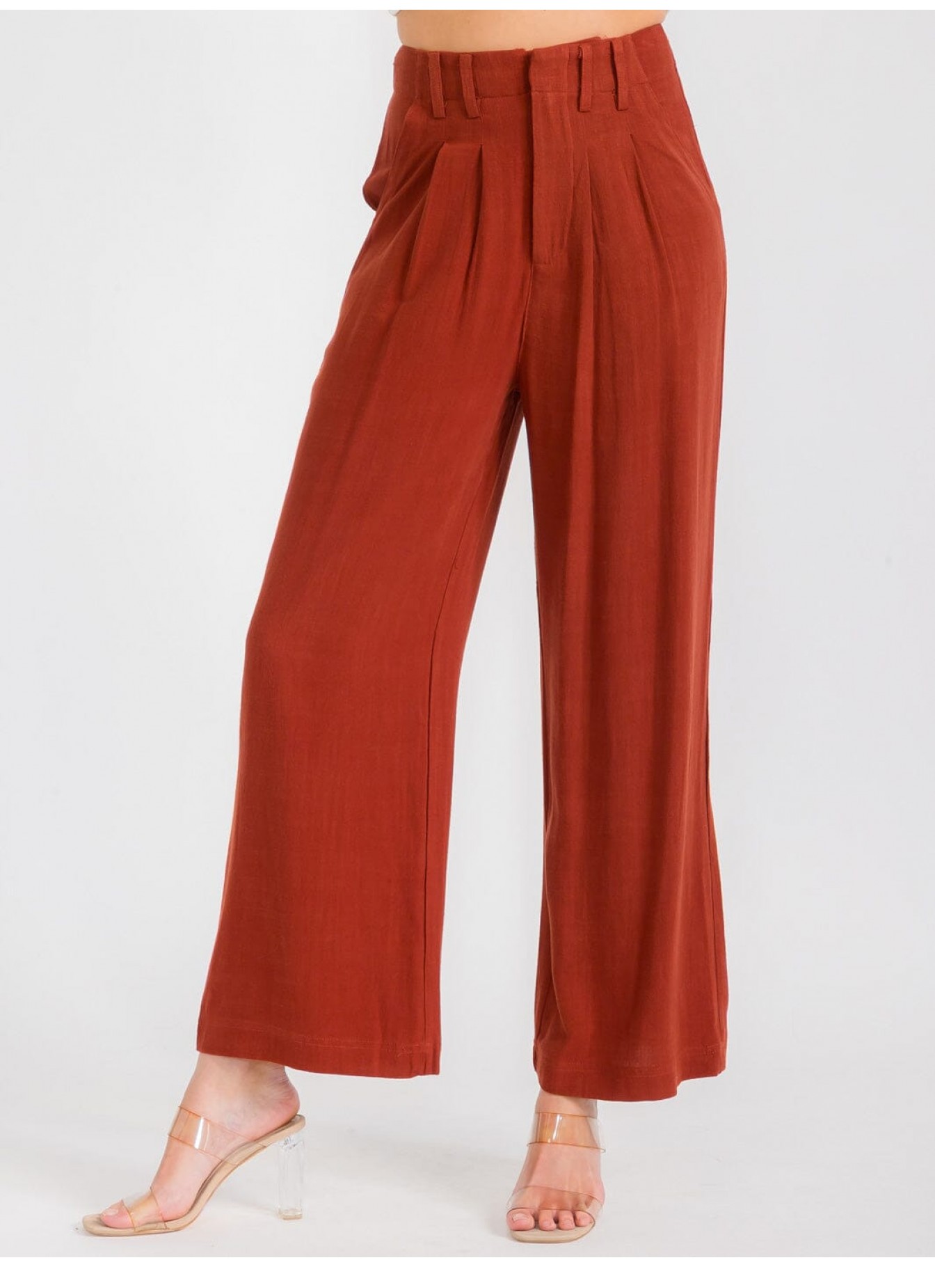 WOMEN'S BUTTON CLOSURE FRONT POCKETS PLEATED WIDE LEG PANTS