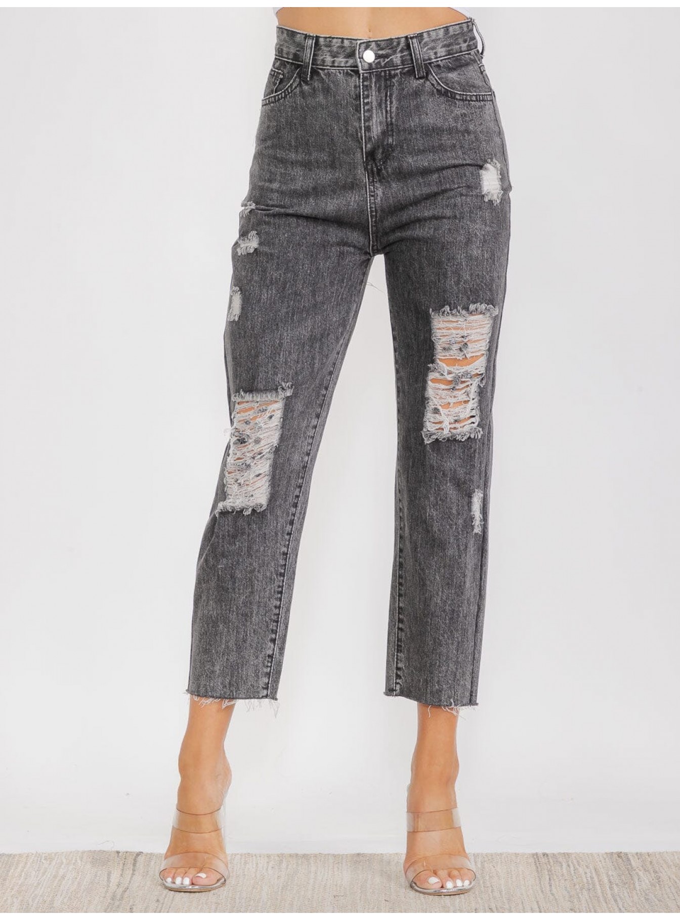 WOMEN'S BUTTON CLOSURE FRONT POCKETS DISTRESS DENIM PANTS