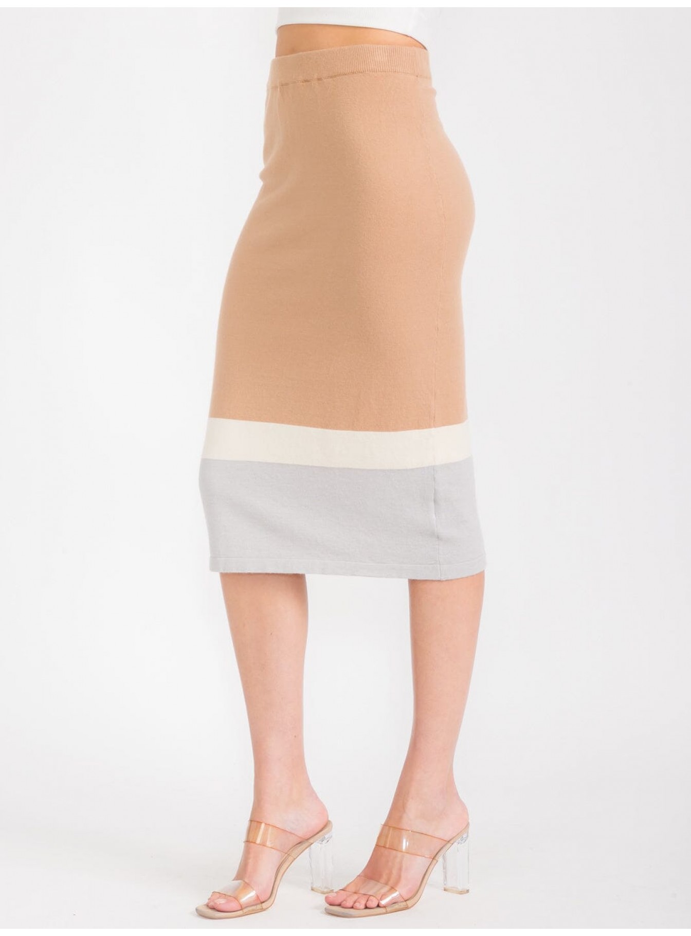 WOMEN'S ELASTIC WAIST COLORBLOCK PENCIL MIDI SKIRT