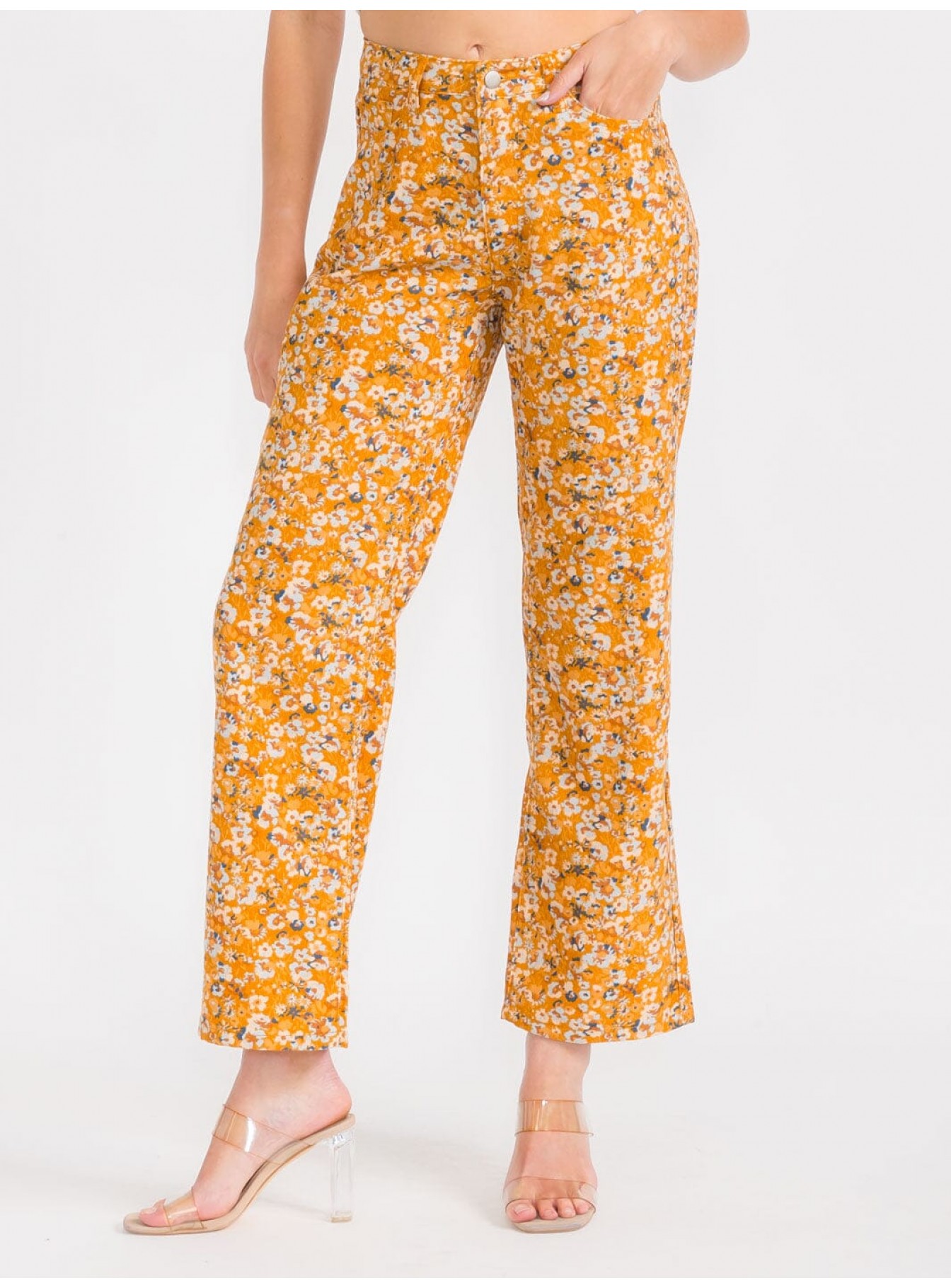 WOMEN'S BUTTON CLOSURE POCKETS FLORAL CORDUROY WIDE LEG PANTS