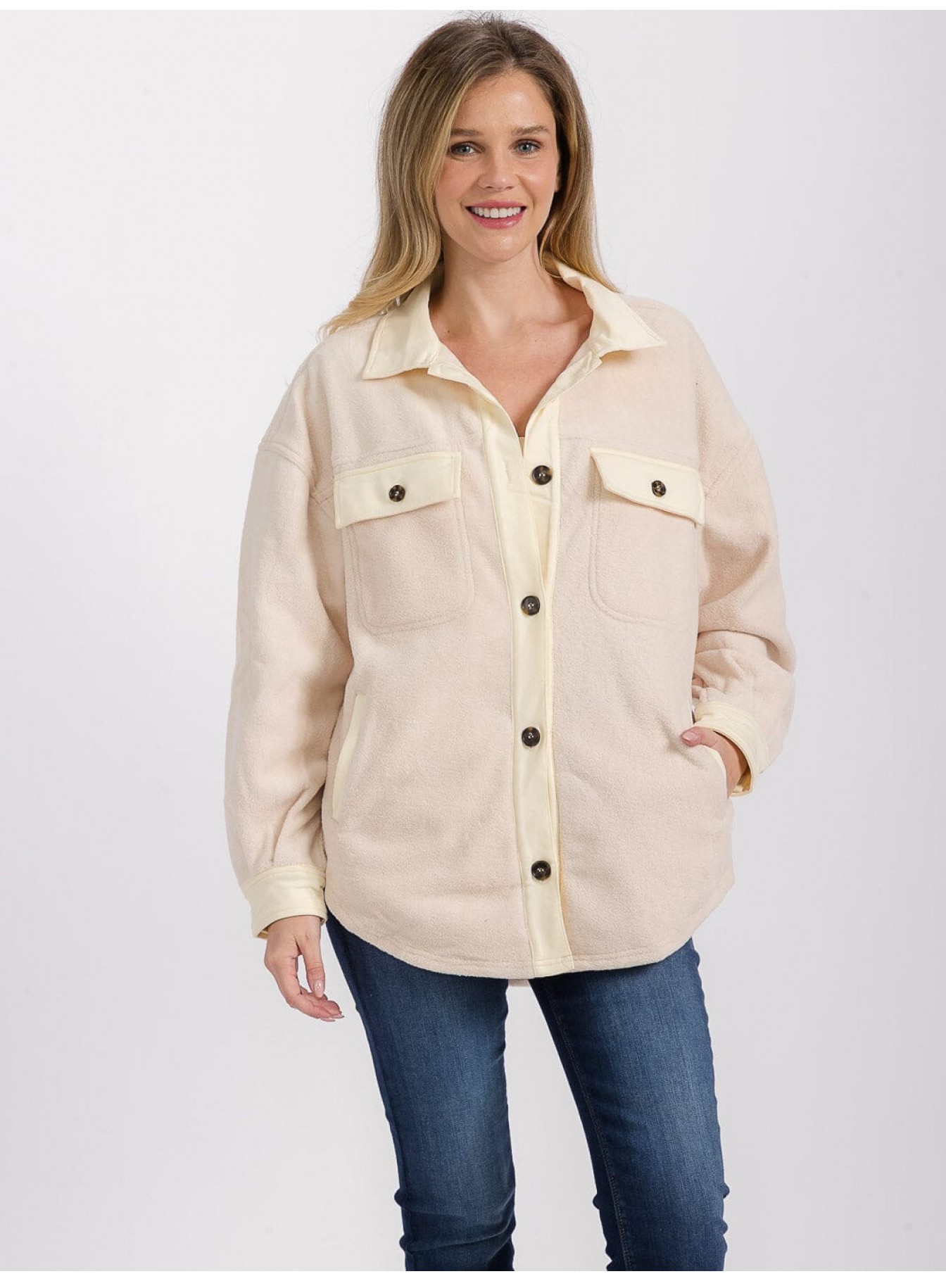 WOMEN'S LONG SLEEVE BUTTON CLOSURE FRONT POCKETS SHACKET