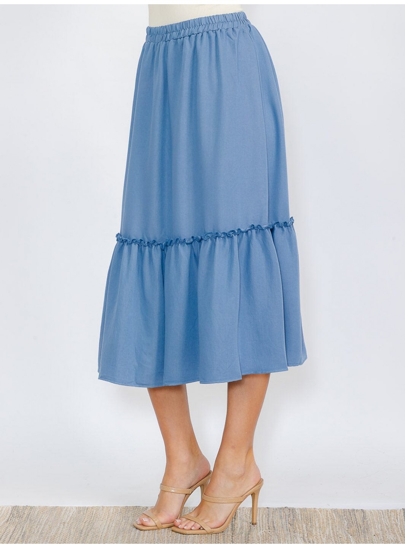 WOMEN'S ELASTIC WAIST RUFFLE BOTTOM HEM MIDI SKIRT