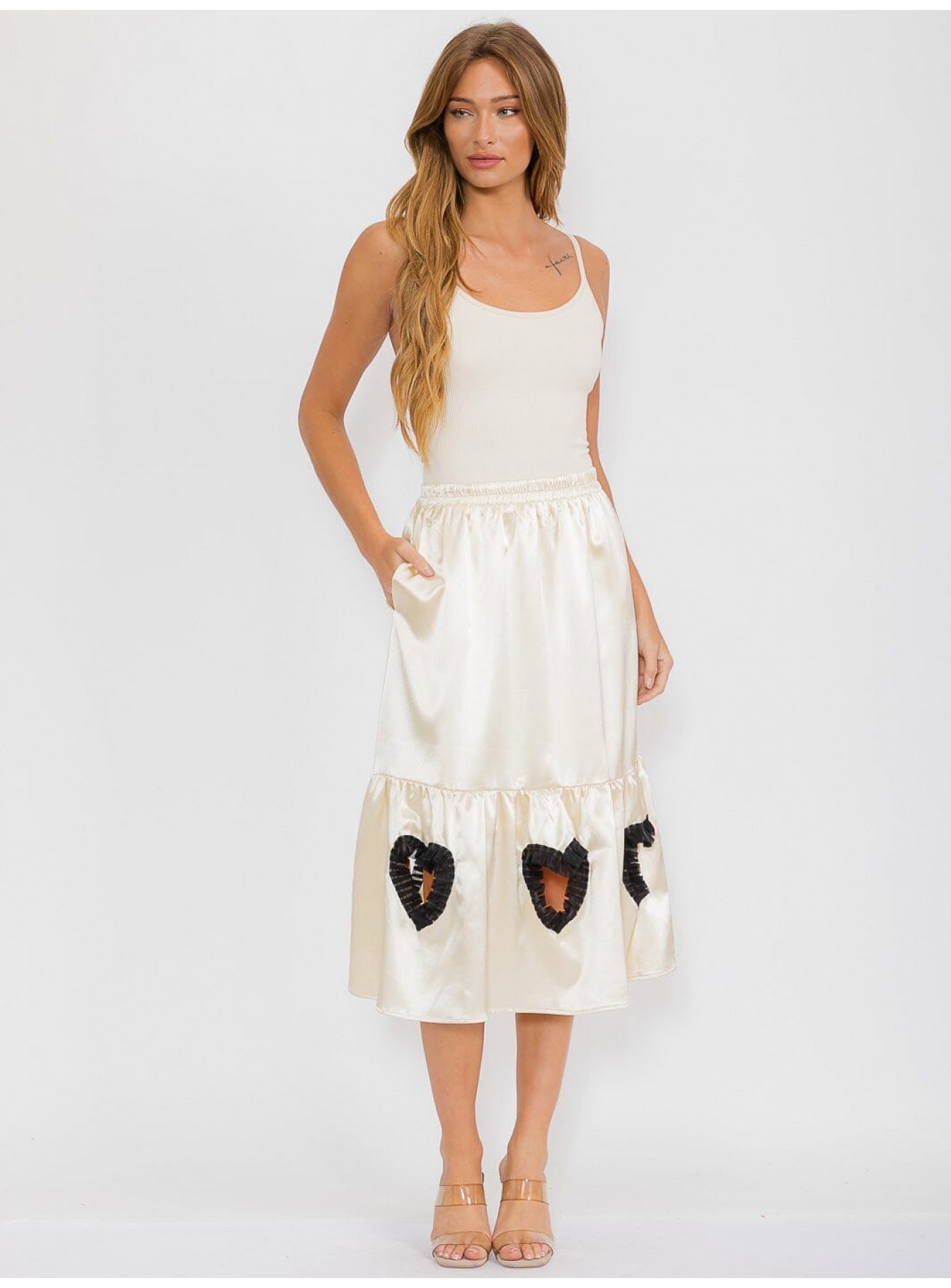 WOMEN'S ELASTIC WAIST FRONT POCKETS CUT OUT DETAILED MIDI SKIRT
