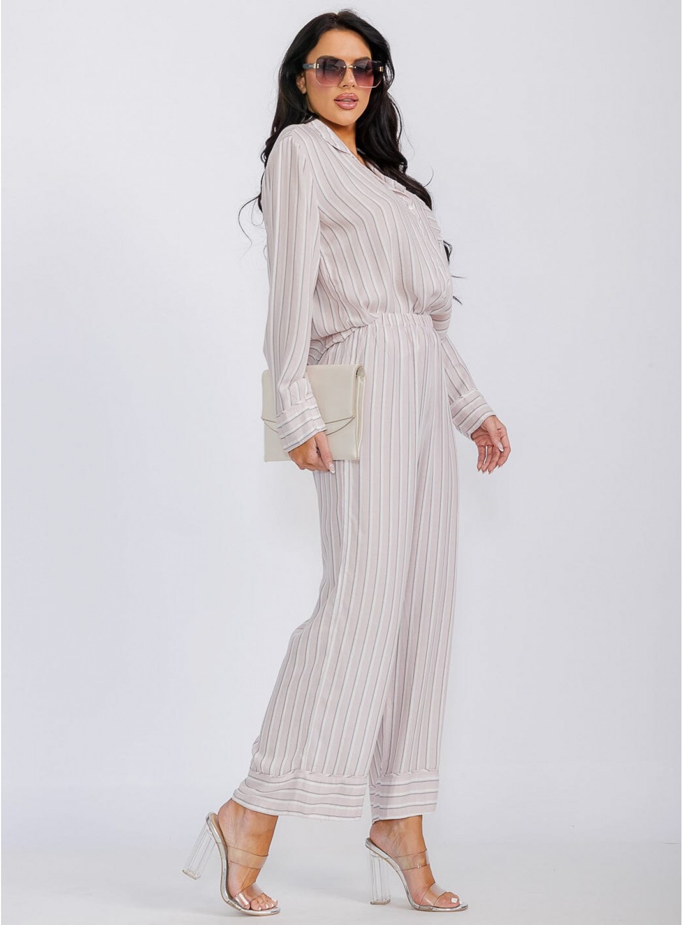 WOMEN'S ELASTIC WAIST STRIPES WIDE LEG PANTS