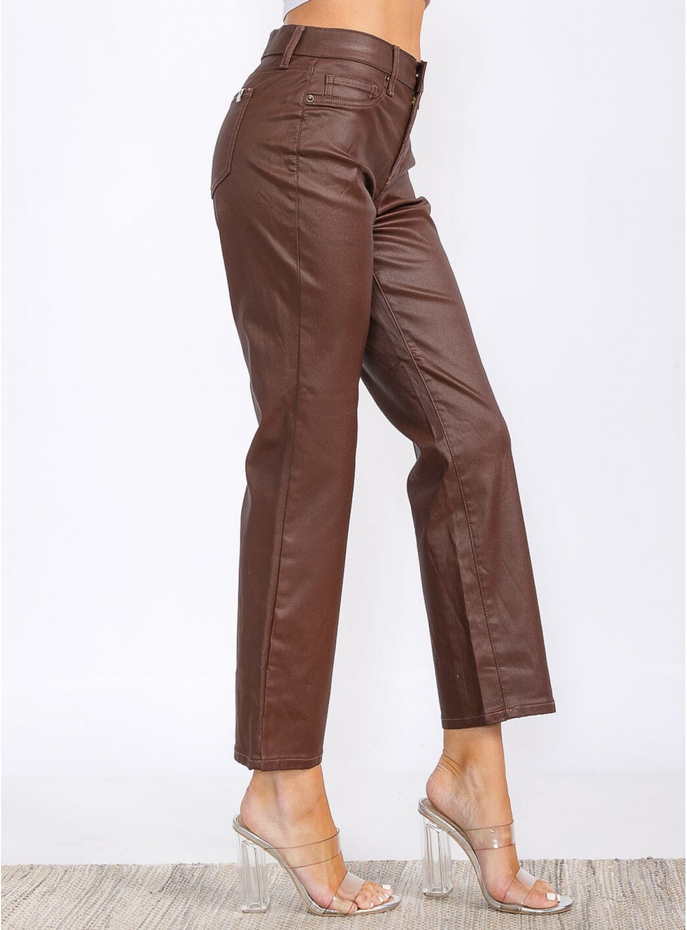 WOMEN'S BUTTON CLOSURE BACK POCKETS WIDE LEG PU PLEATHER PANTS
