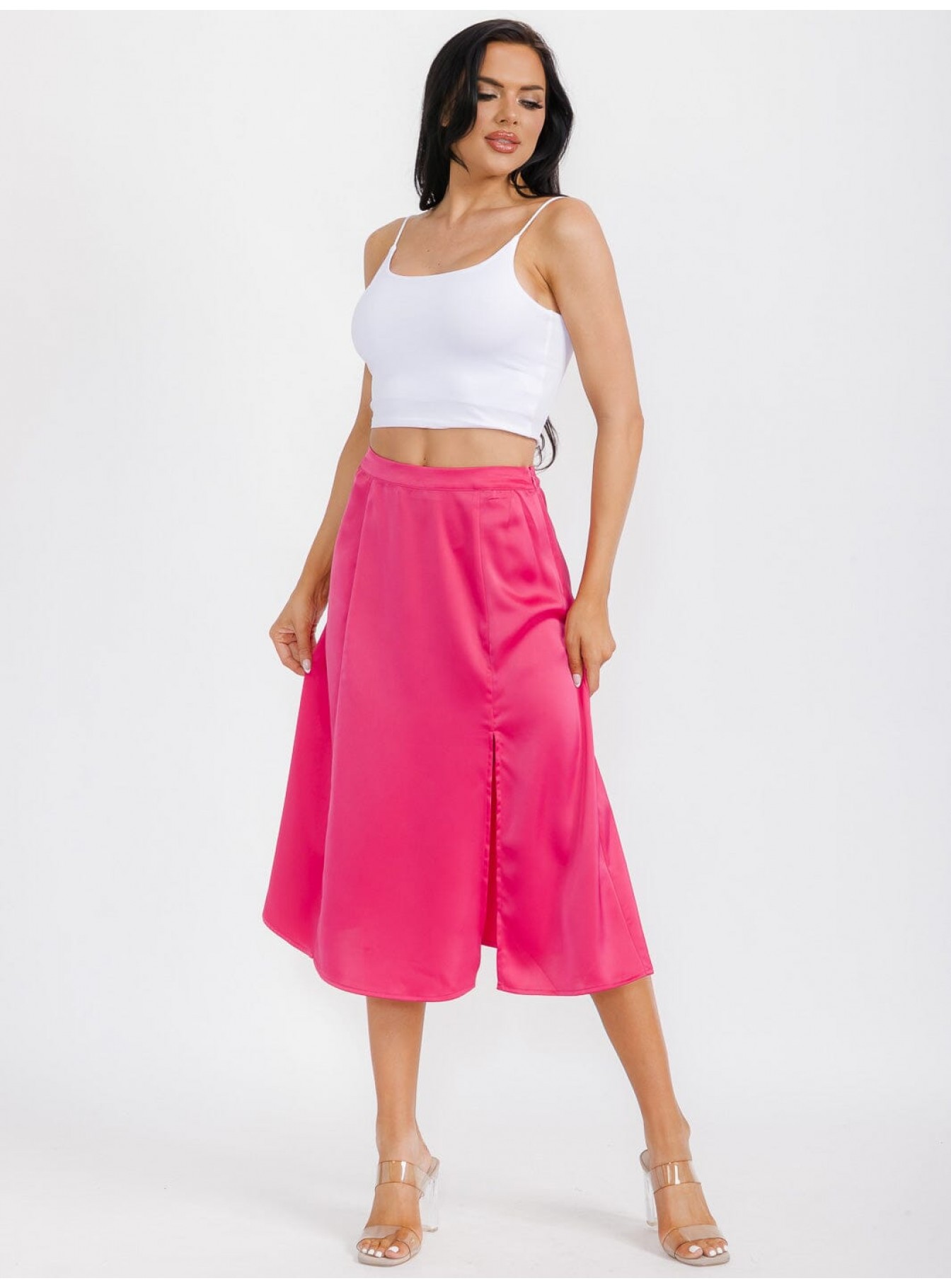 WOMEN'S ZIP UP SIDE SLIT SATIN MIDI SKIRT