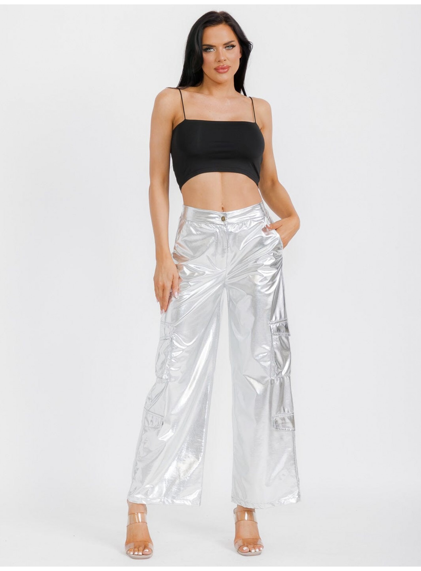 WOMEN'S BUTTON CLOSURE CARGO POCKETS METALLIC WIDE LEG PANTS