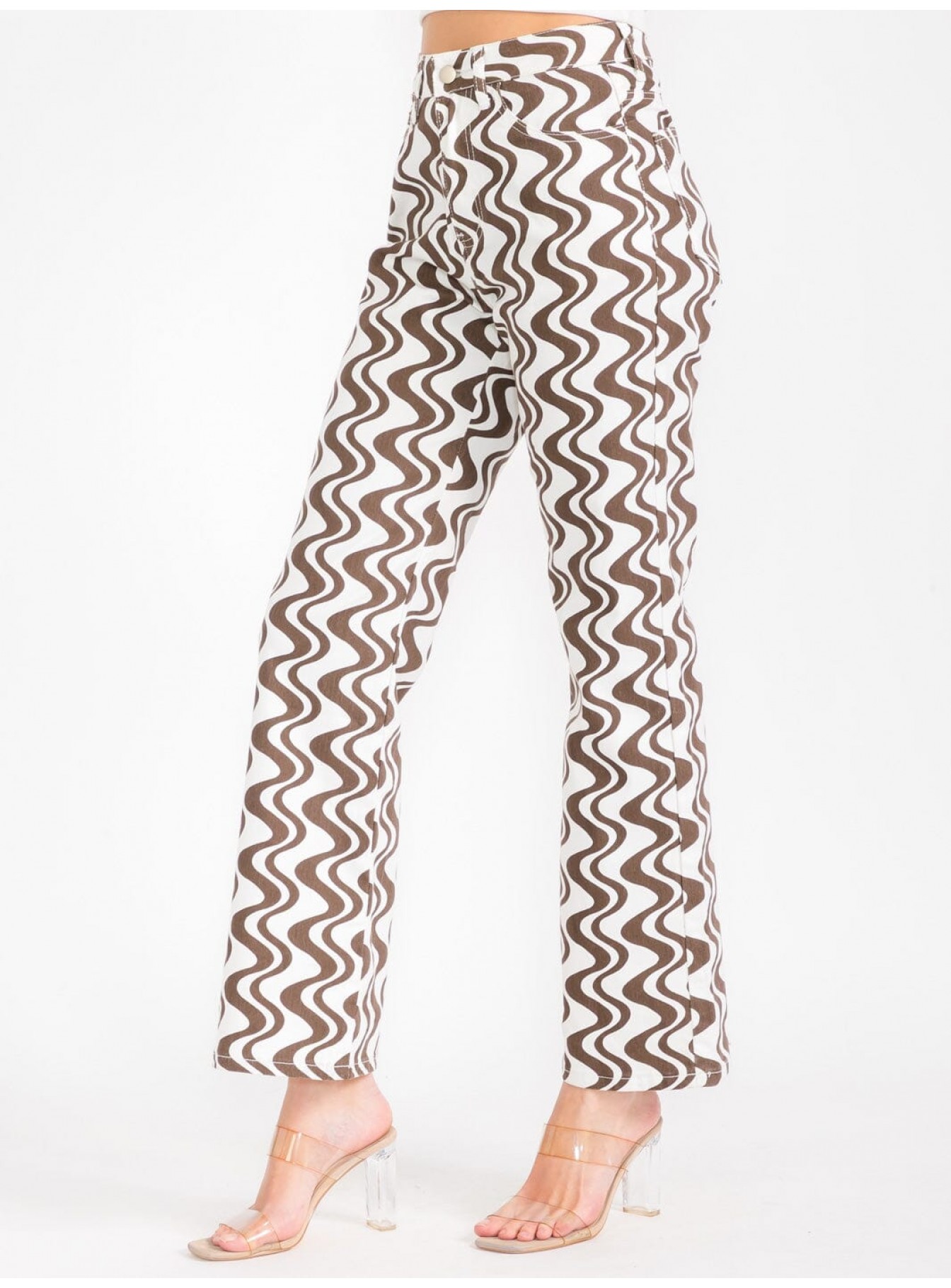 WOMEN'S BUTTON CLOSURE POCKETS PRINTED WIDE LEG PANTS