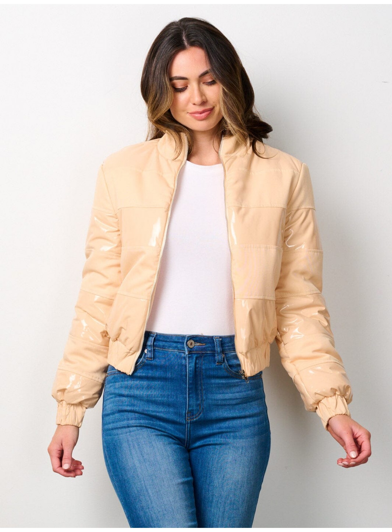 WOMEN'S LONG SLEEVE ZIP UP POCKETS PU PUFFER JACKET