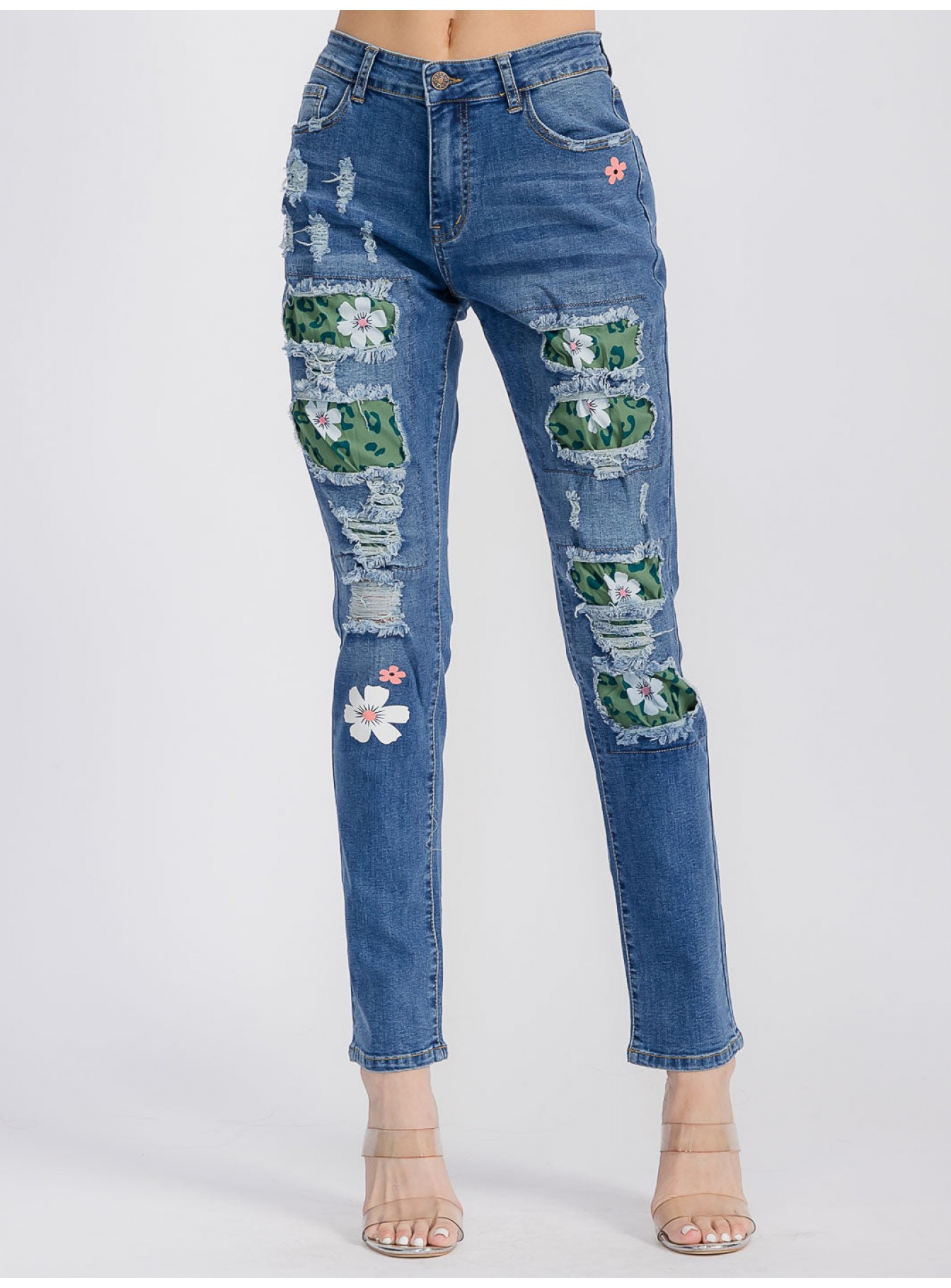 WOMEN'S BUTTON CLOSURE FLORAL DISTRESS DENIM PANTS