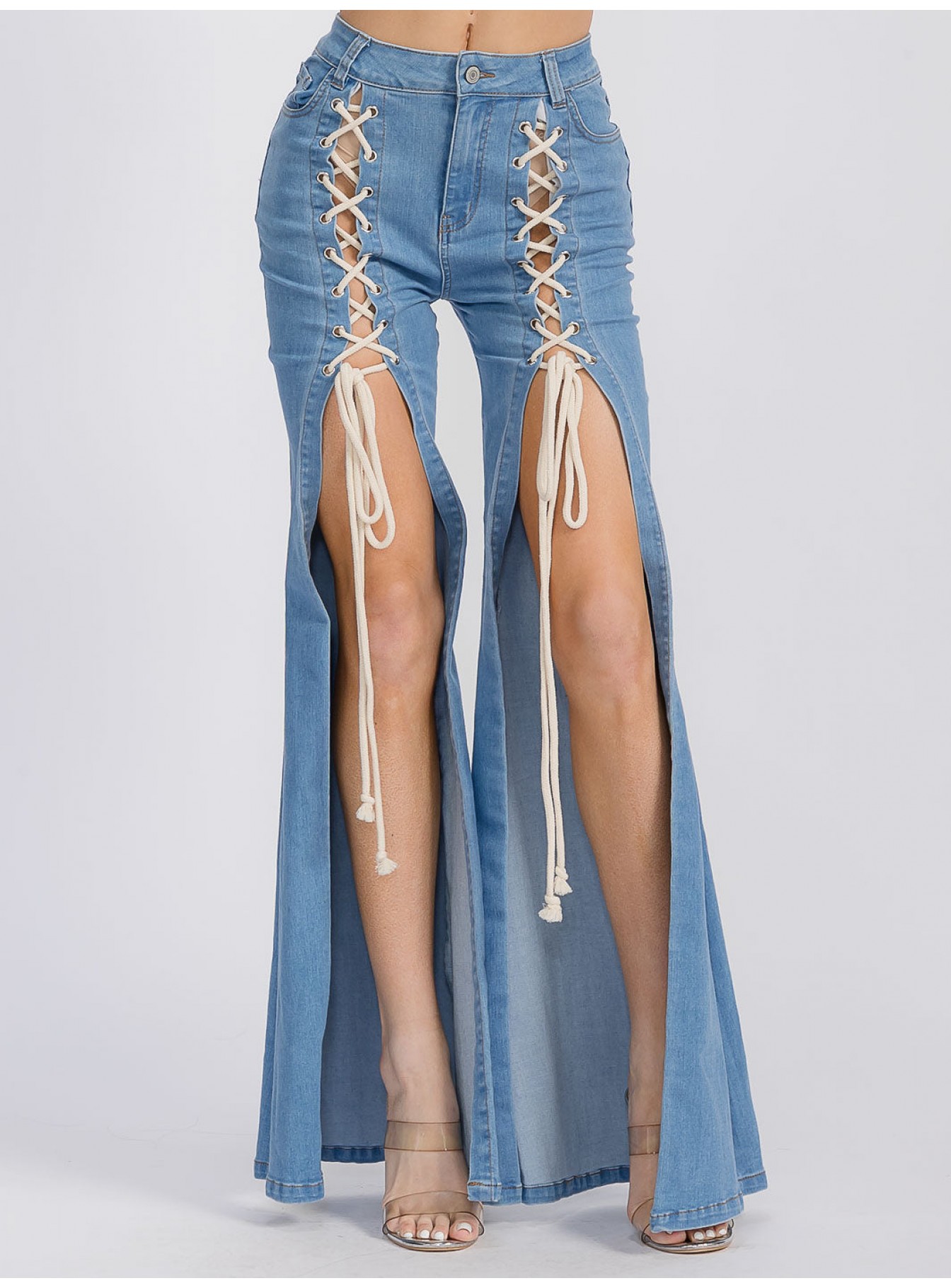 WOMEN'S BUTTON CLOSURE LACE UP BELL BOTTOM DENIM PANTS