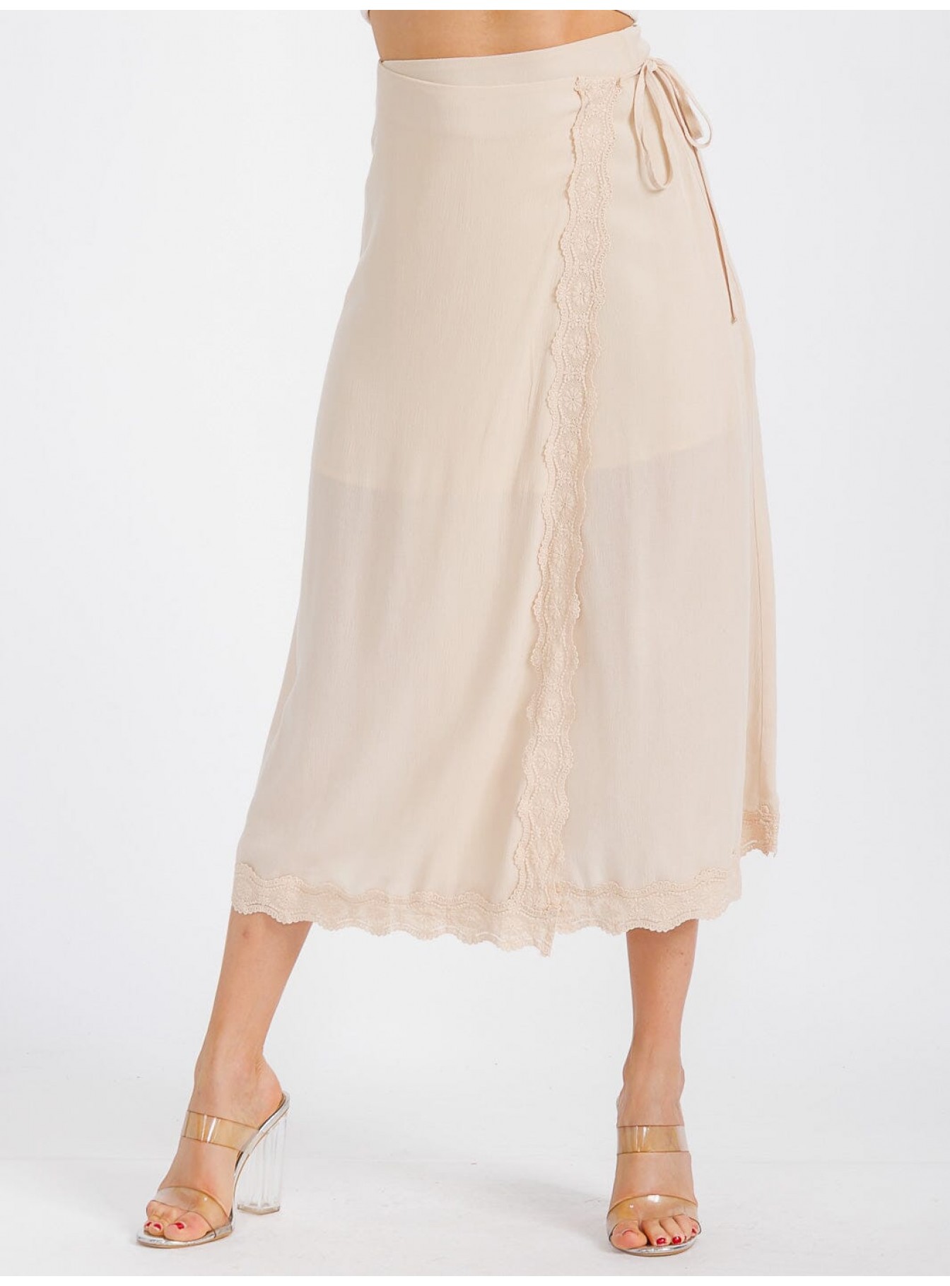 WOMEN'S SELF TIE CROCHET TRIM DETAILED WRAP MIDI SKIRT