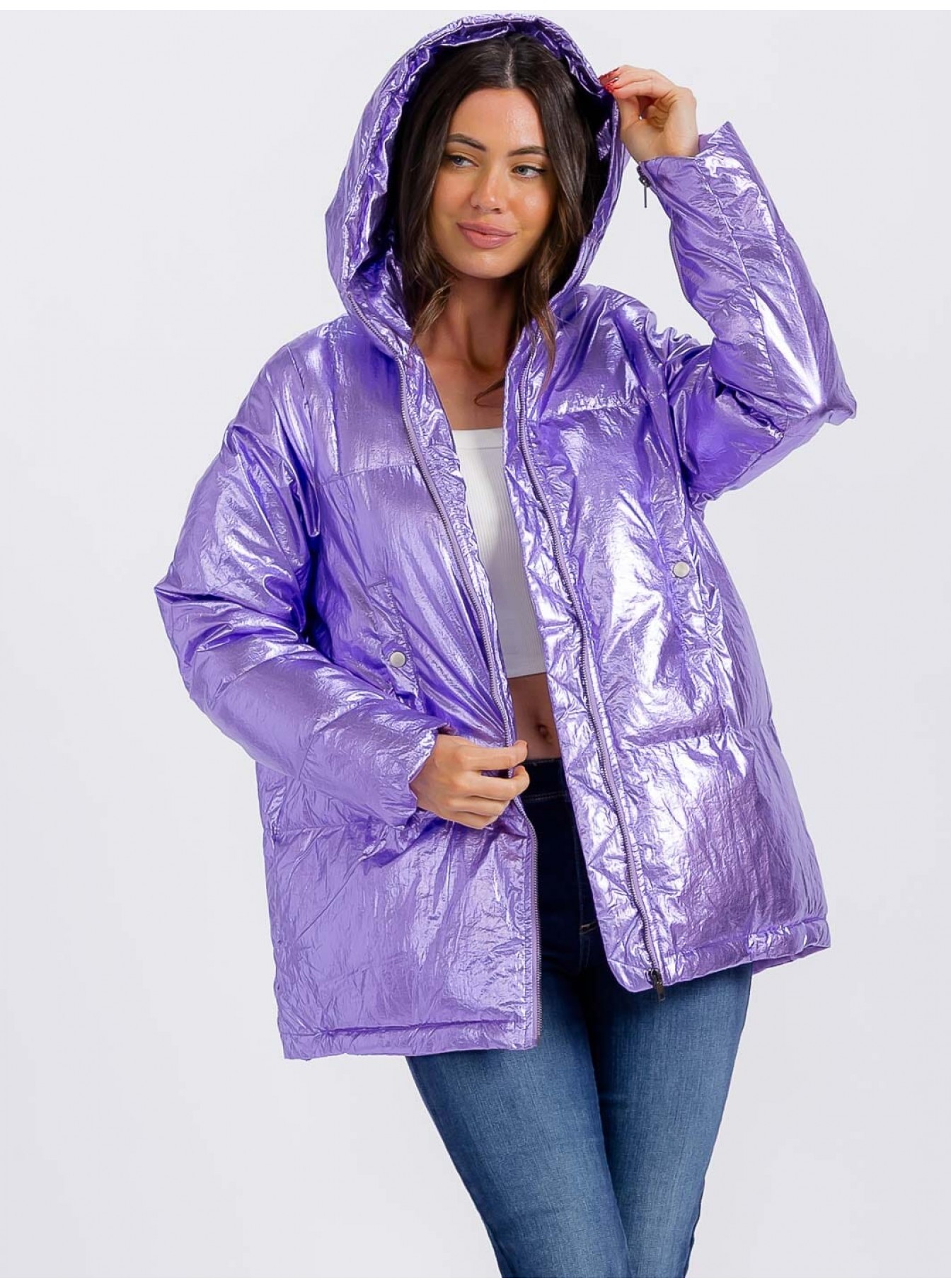 WOMEN'S LONG SLEEVE ZIPPER CLOSURE POCKETS HOODED PUFFER METALLIC JACKET