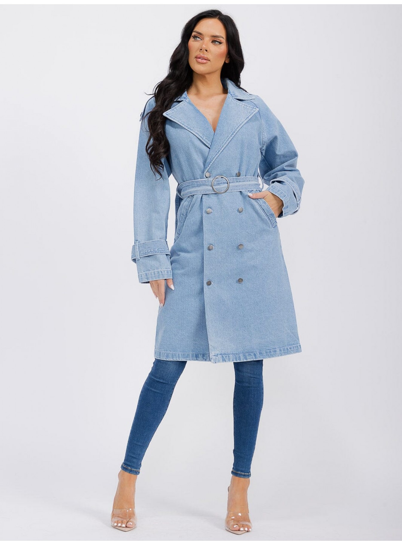 WOMEN'S LONG SLEEVE BUTTON CLOSURE FRONT POCKETS BELTED DENIM COAT
