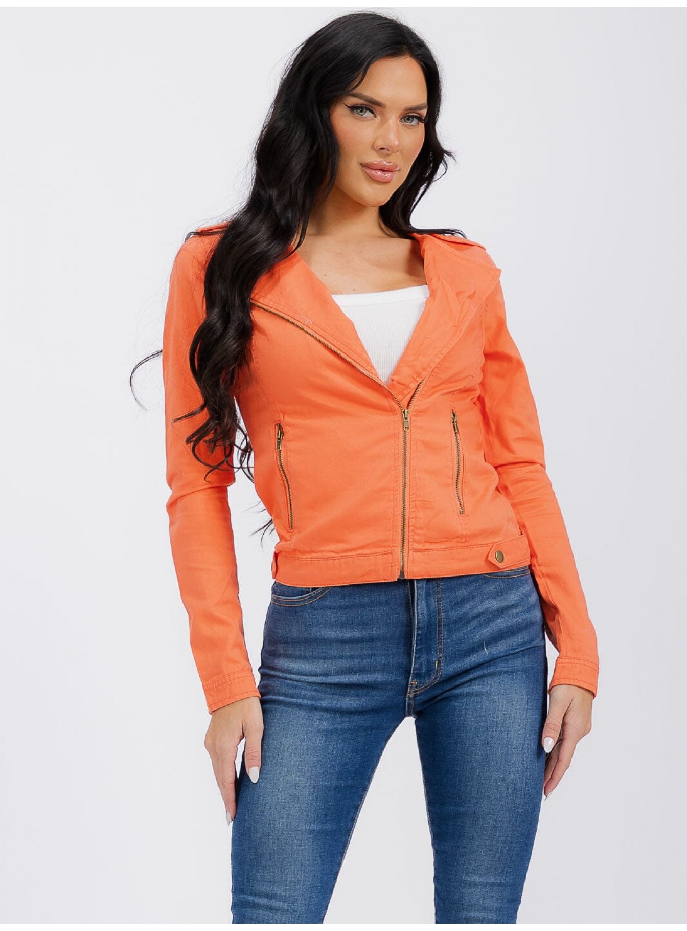 WOMEN'S LONG SLEEVE ZIPPER CLOSURE POCKETS DENIM JACKET