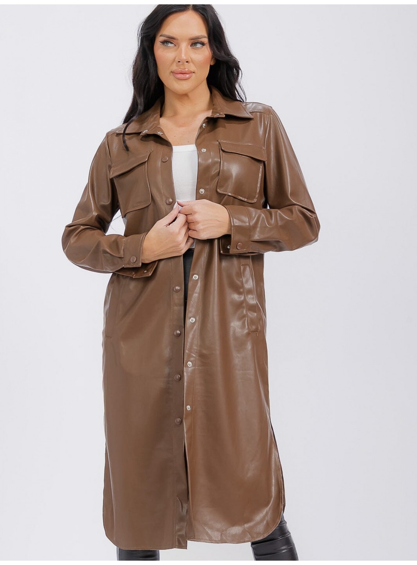 WOMEN'S LONG SLEEVE BUTTON CLOSURE FRONT POCKETS PU PLEATHER COAT