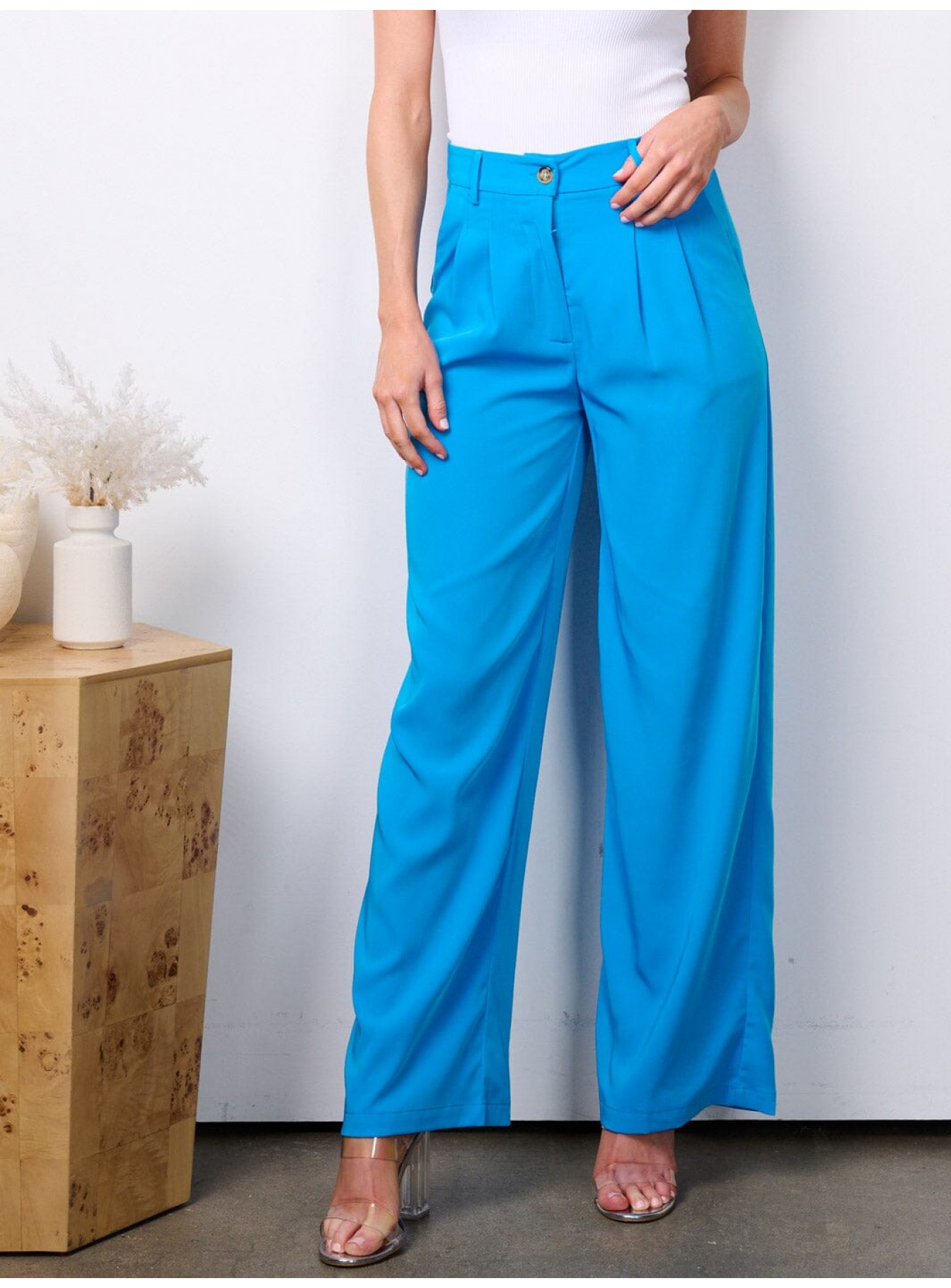 WOMEN'S BUTTON CLOSURE HIGH WAIST WIDE LEG POCKETS PANTS