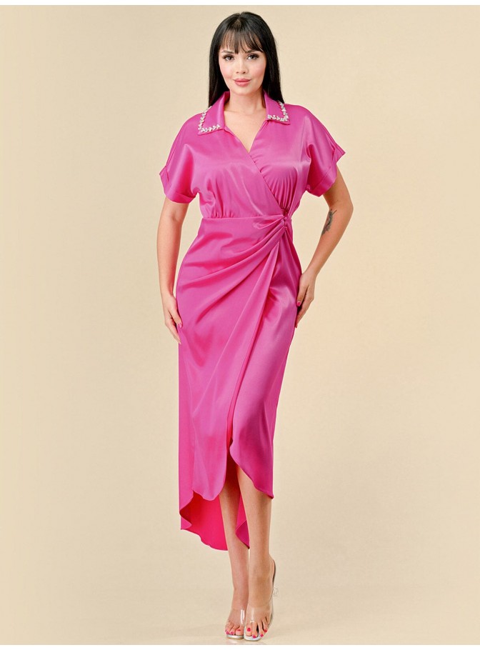 WOMEN'S SHORT SLEEVES STUDS NECK DETAILED HIGH-LOW WRAP MIDI DRESS