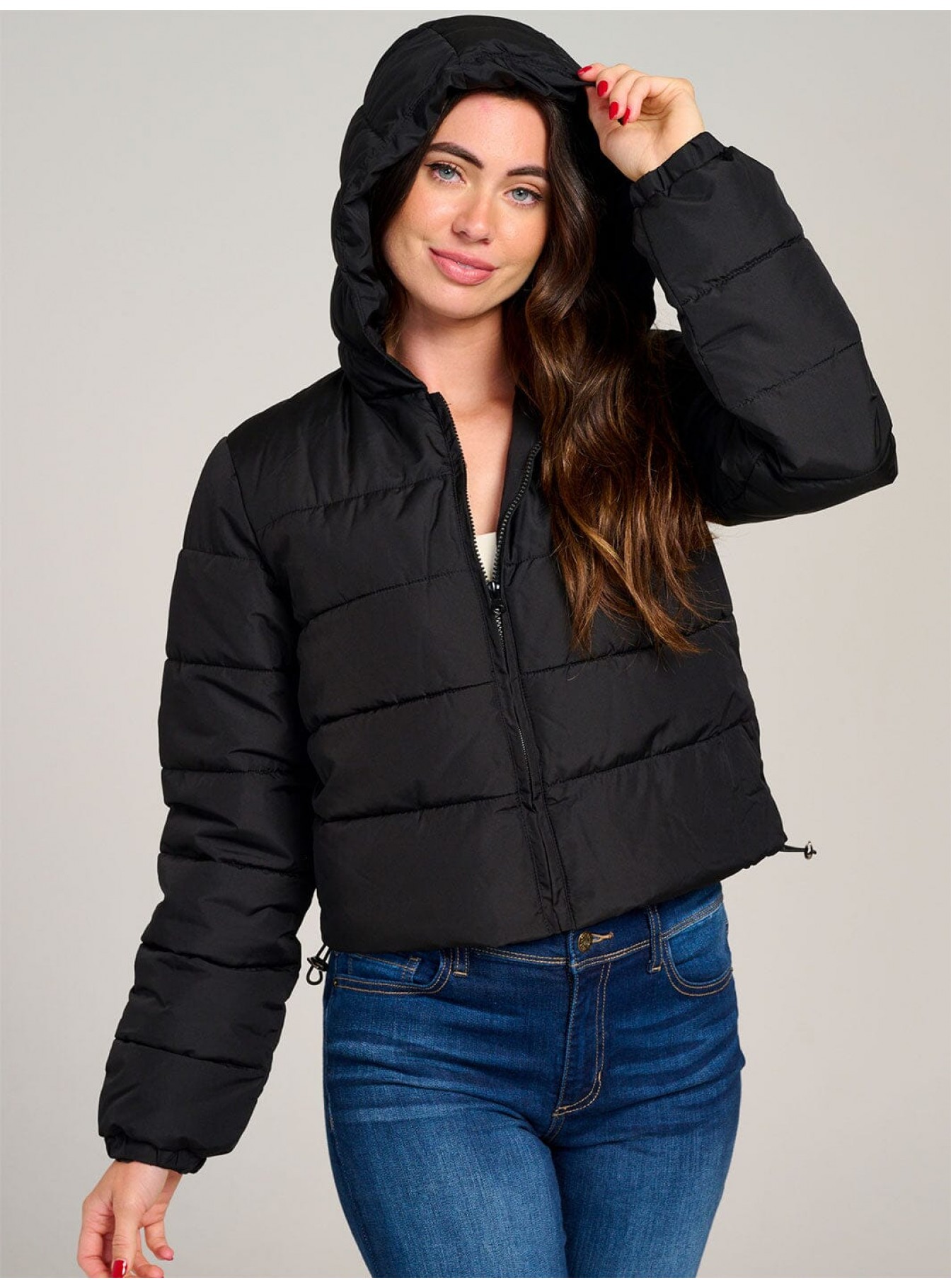 WOMEN'S LONG SLEEVE ZIPPER CLOSURE HOODED PUFFER JACKET