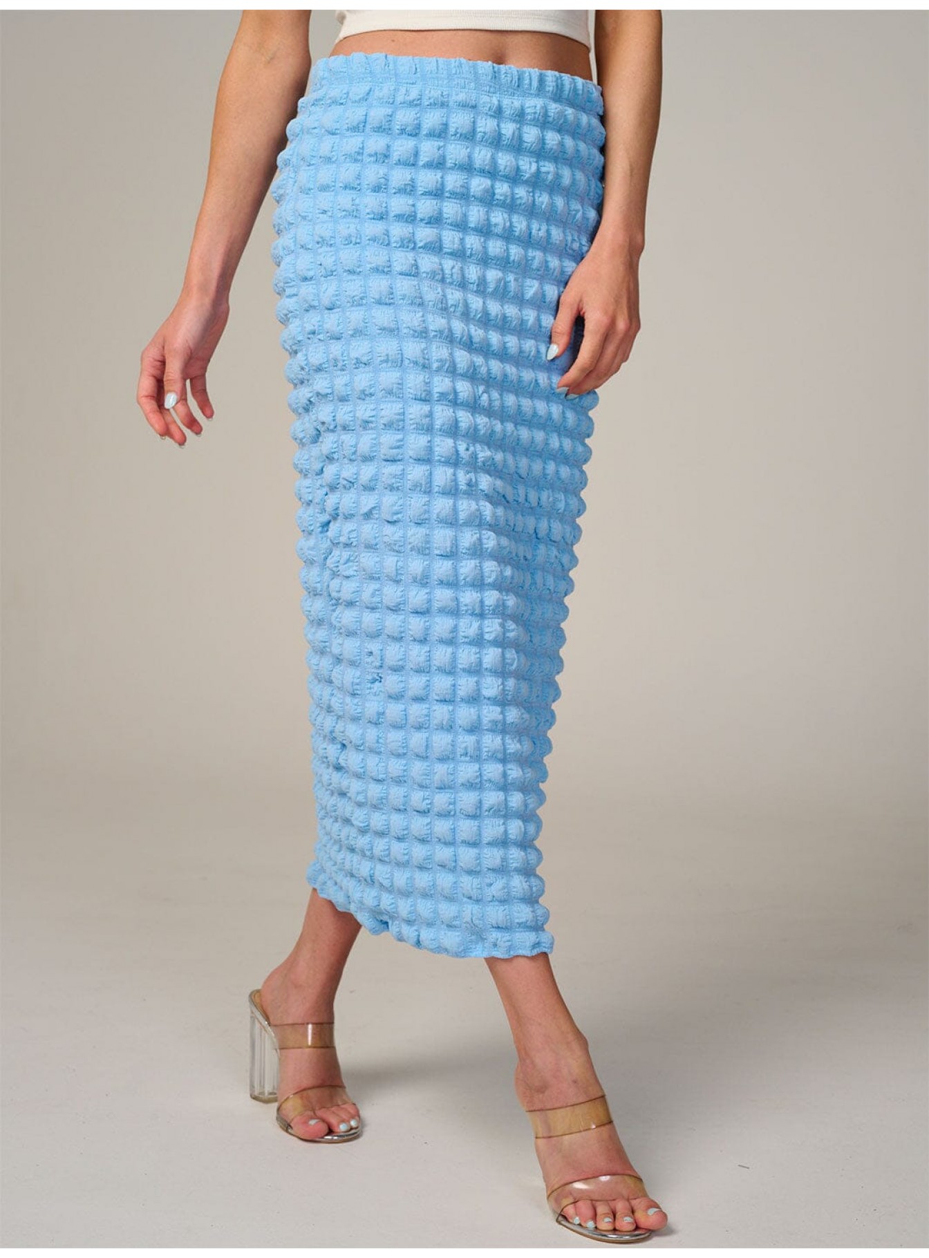 WOMEN'S ELASTIC WAIST WAFFLE MIDI SKIRT