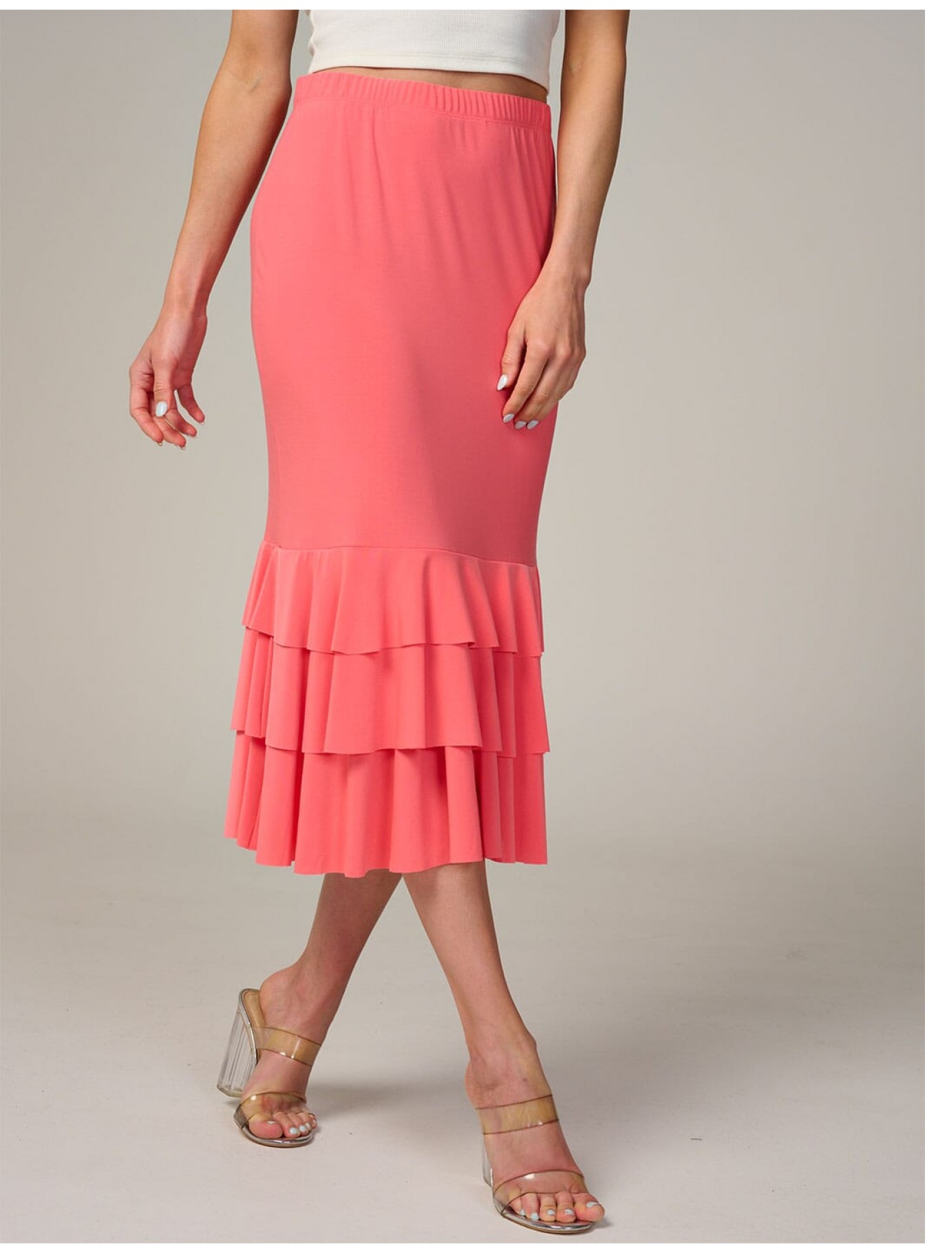 WOMEN'S ELASTIC WAIST TIERED RUFFLE BOTTOM HEM MIDI SKIRT