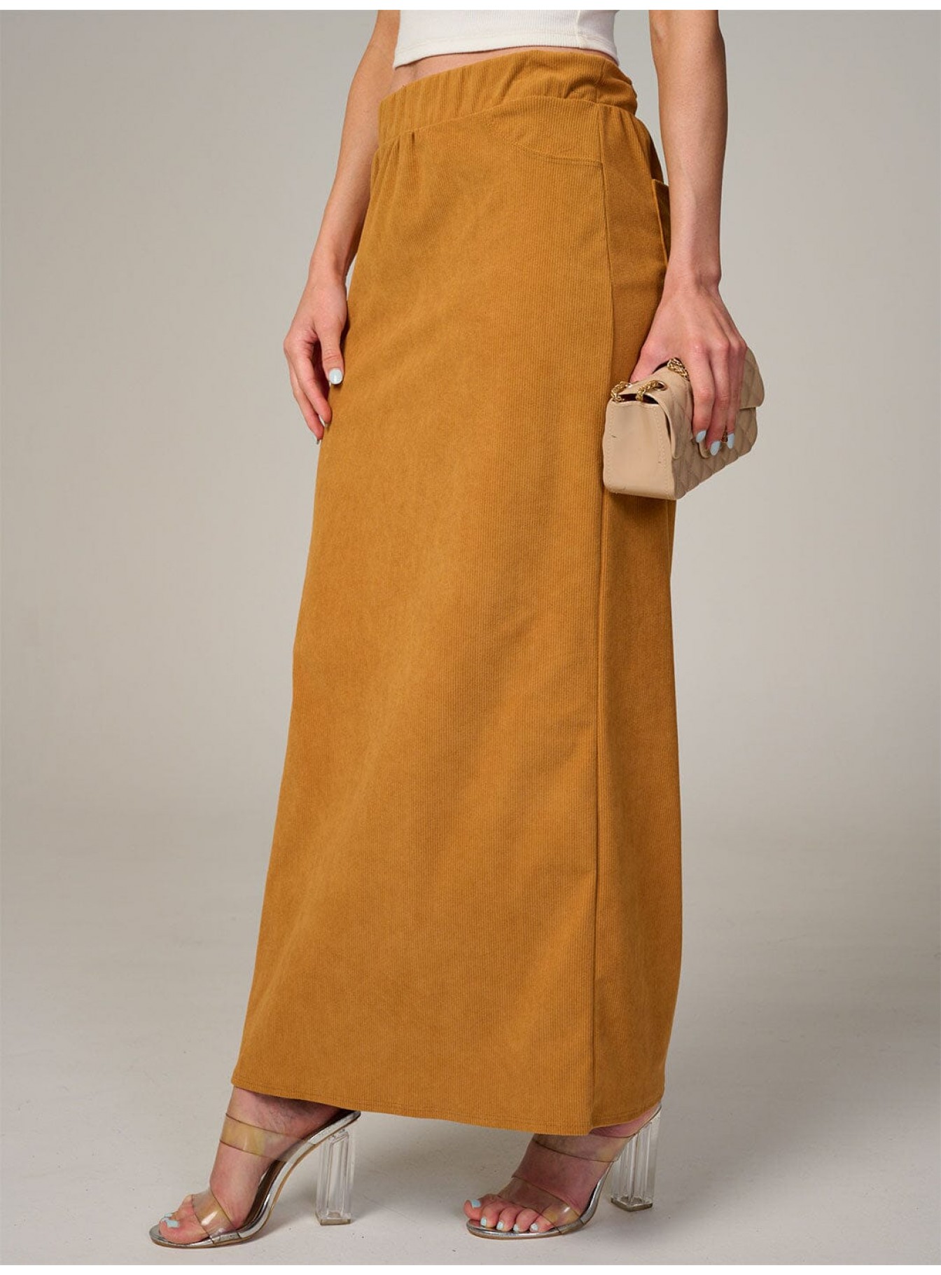 WOMEN'S  ELASTIC WAIST BACK POCKET RIBBED MAXI SKIRT