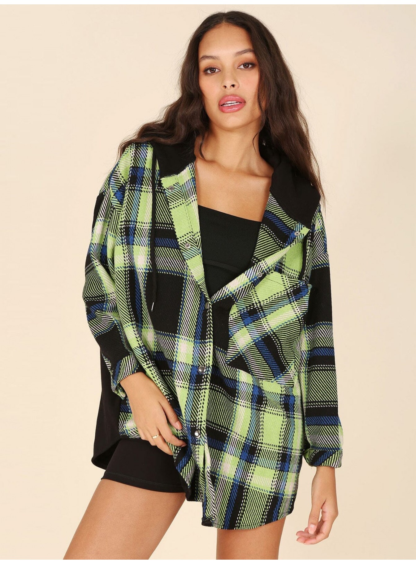 WOMEN'S LONG SLEEVES BUTTON CLOSURE PLAID HOODED OVERSIZED JACKET