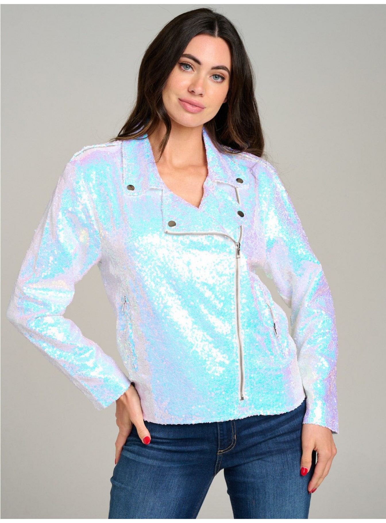 WOMEN'S LONG SLEEVE ZIPPER CLOSURE FRONT POCKET SEQUINS JACKET