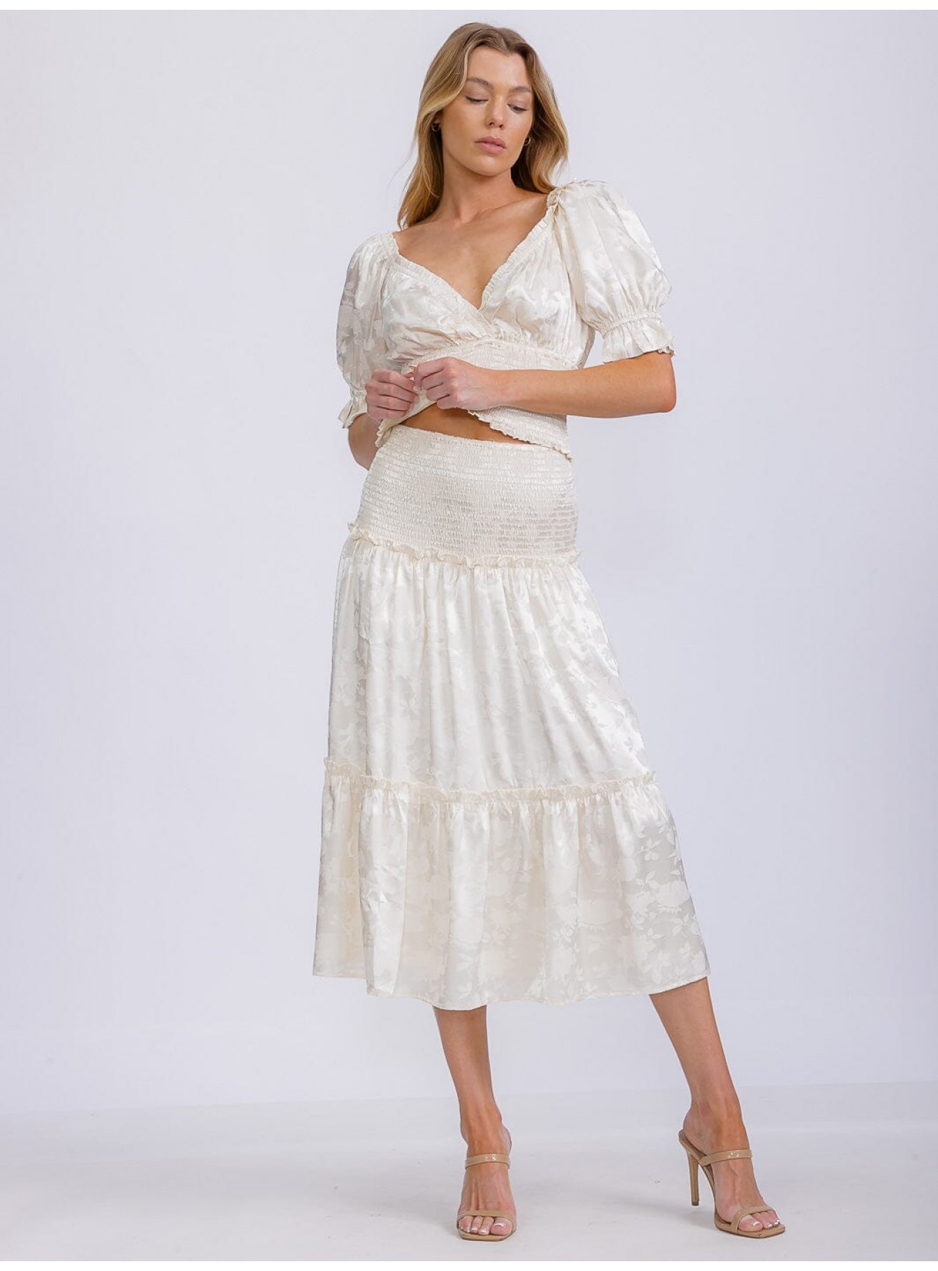 WOMEN'S SMOCK WAIST FLORAL PRINT TIERED MIDI SKIRT