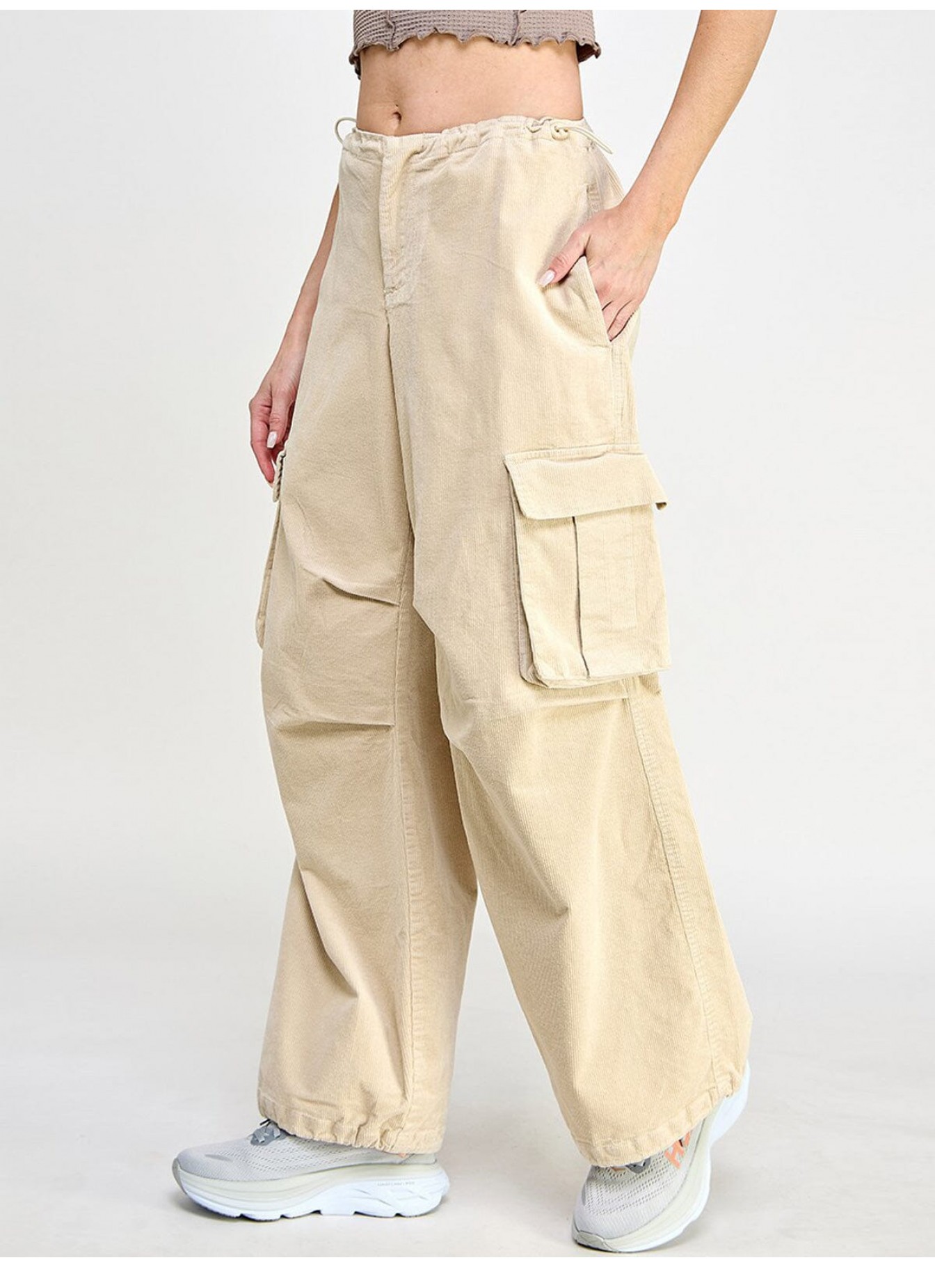 WOMEN'S ZIP UP CARGO POCKETS WIDE LEG CORDUROY PANTS