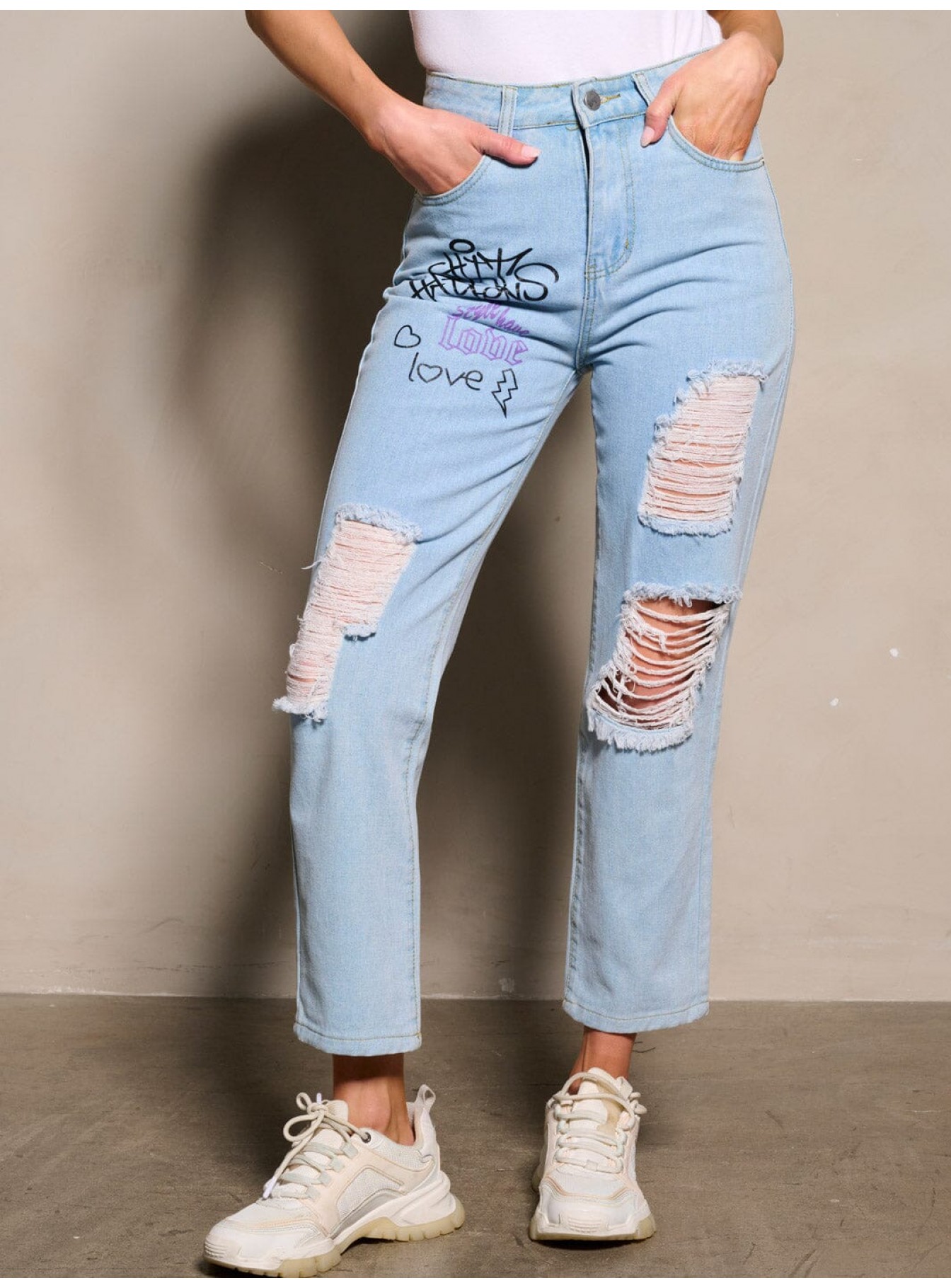 WOMEN'S BUTTON CLOSURE GRAPHIC DISTRESS DENIM PANTS