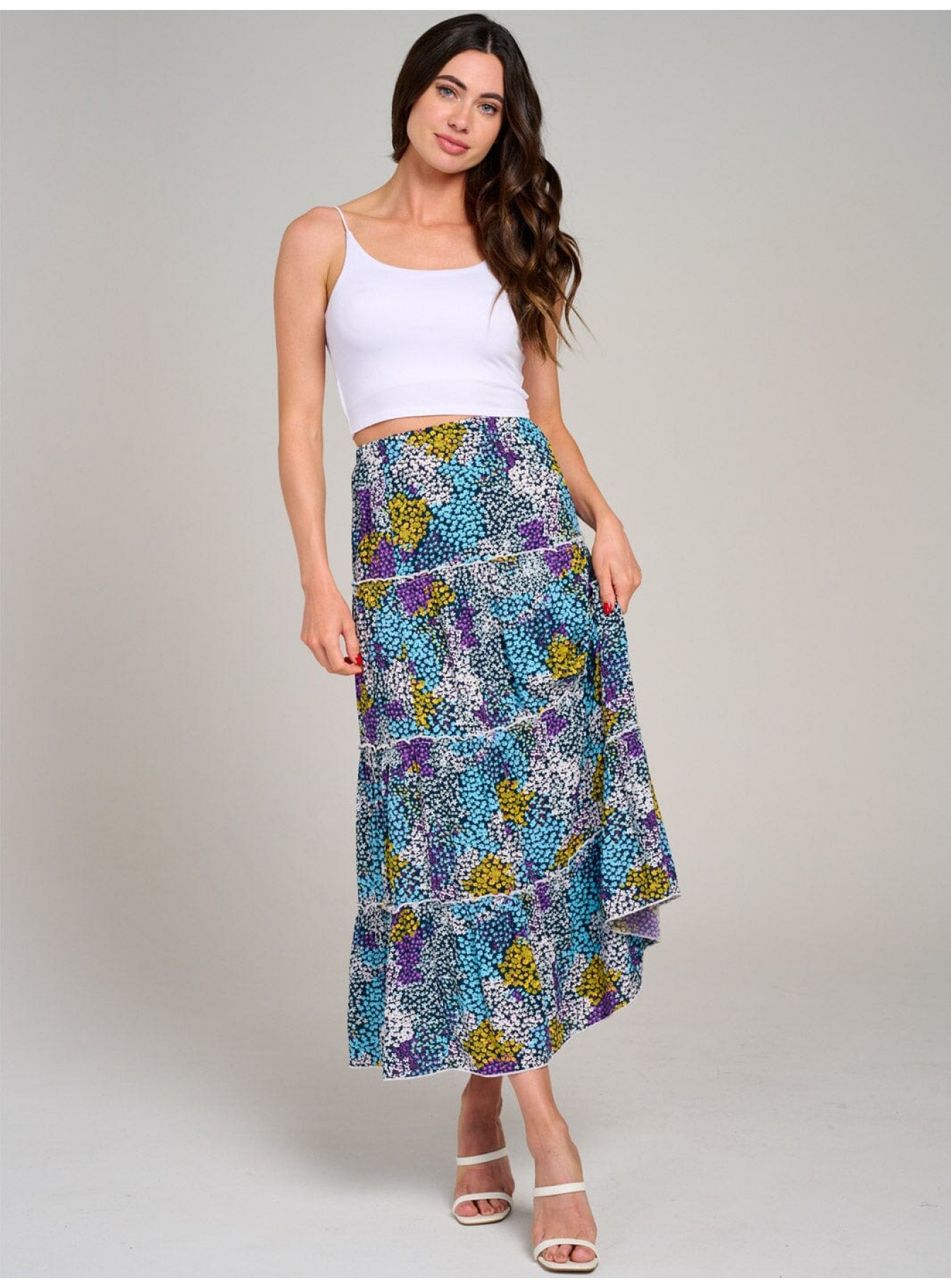 WOMEN'S ELASTIC WAIST TIERED FLORAL MULTI MAXI SKIRT