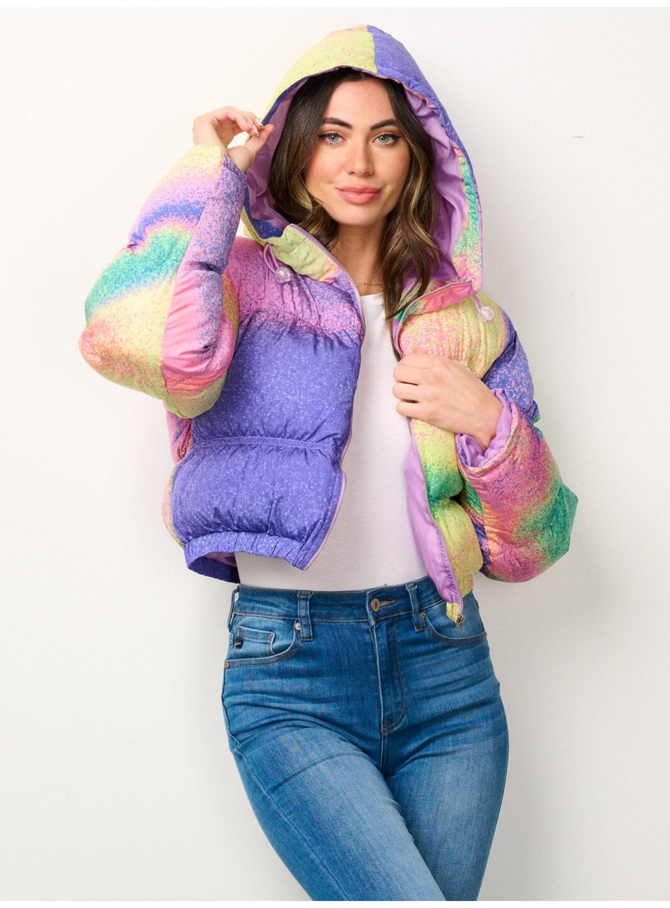 WOMEN'S LONG SLEEVE ZIP UP HOODED MULTI COLOR PUFFER JACKET