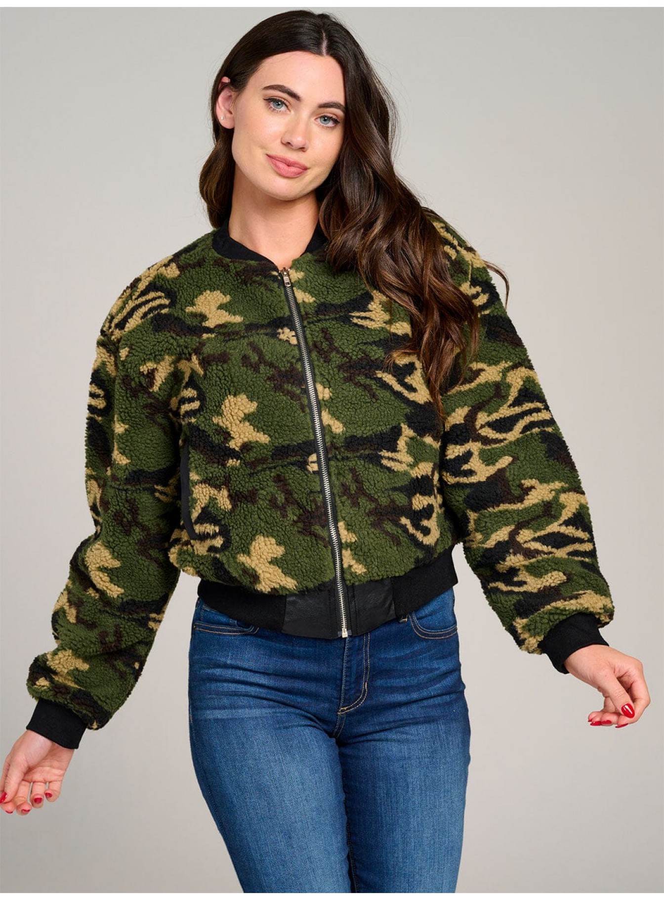 WOMEN'S LONG SLEEVE ZIPPER CLOSURE POCKETS CAMO PRINT SHERPA JACKET