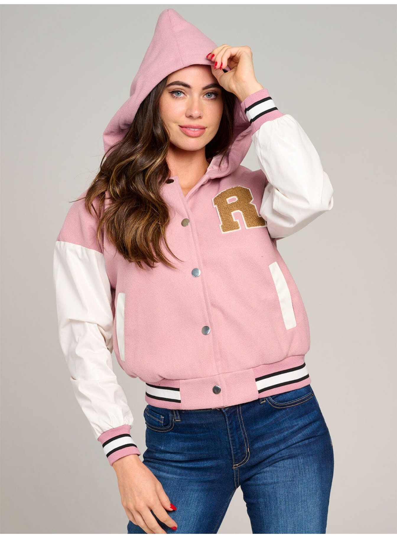 WOMEN'S LONG SLEEVE BUTTON CLOSURE POCKETS HOODED VARSITY JACKET