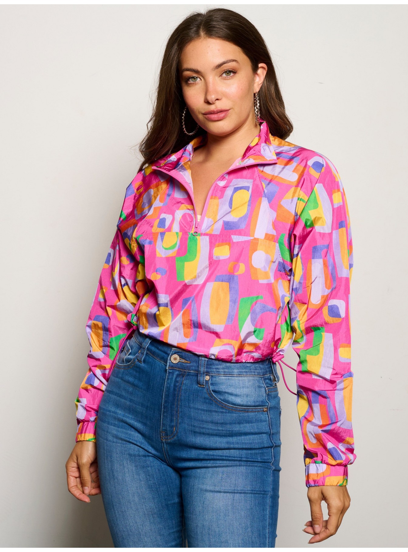 WOMEN'S LONG SLEEVE ZIP UP ADJUSTABLE WAIST MULTI PRINT JACKET