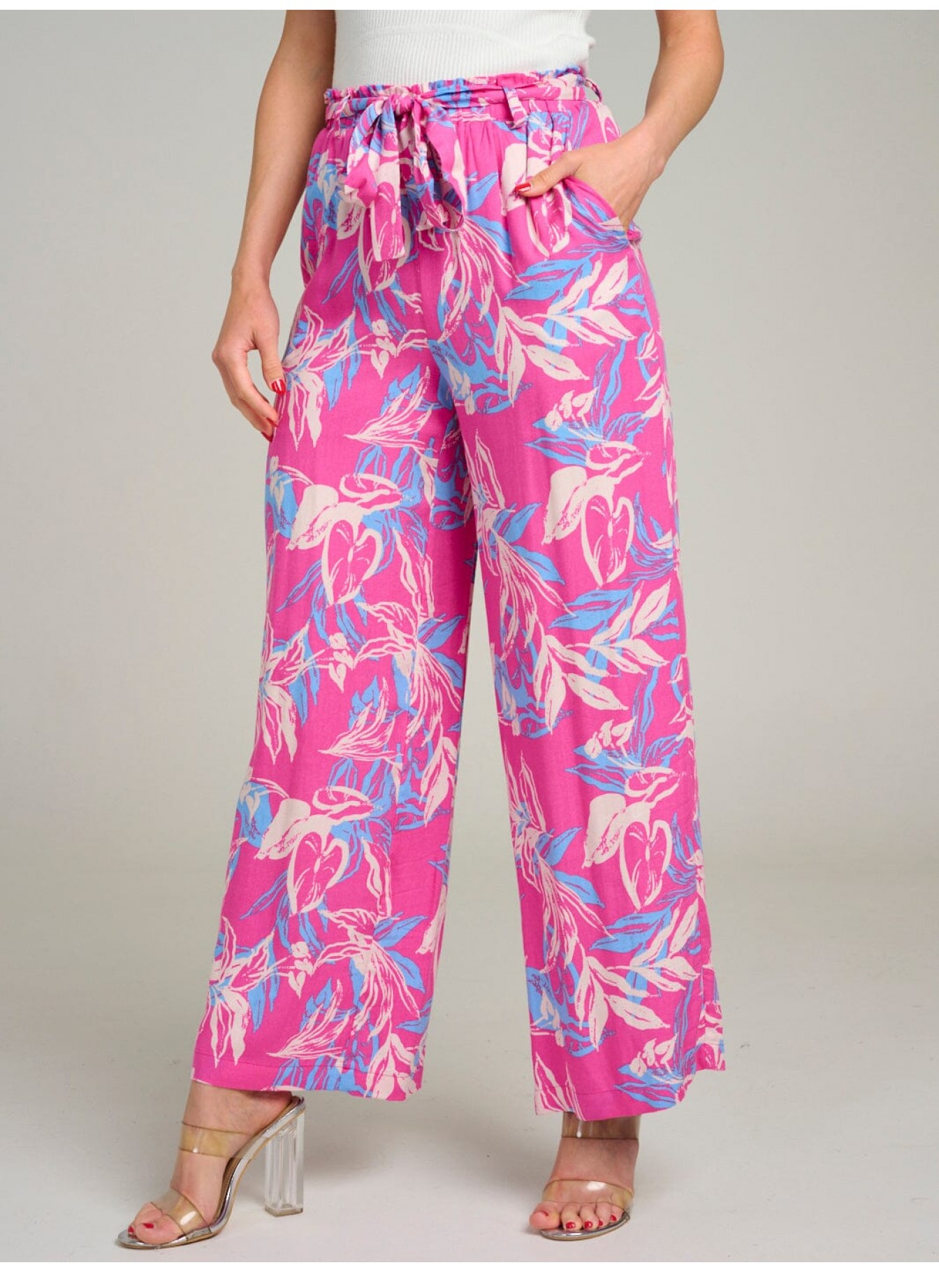 WOMEN'S ELASTIC WAIST FRONT POCKETS FLORAL WIDE LEG PANTS