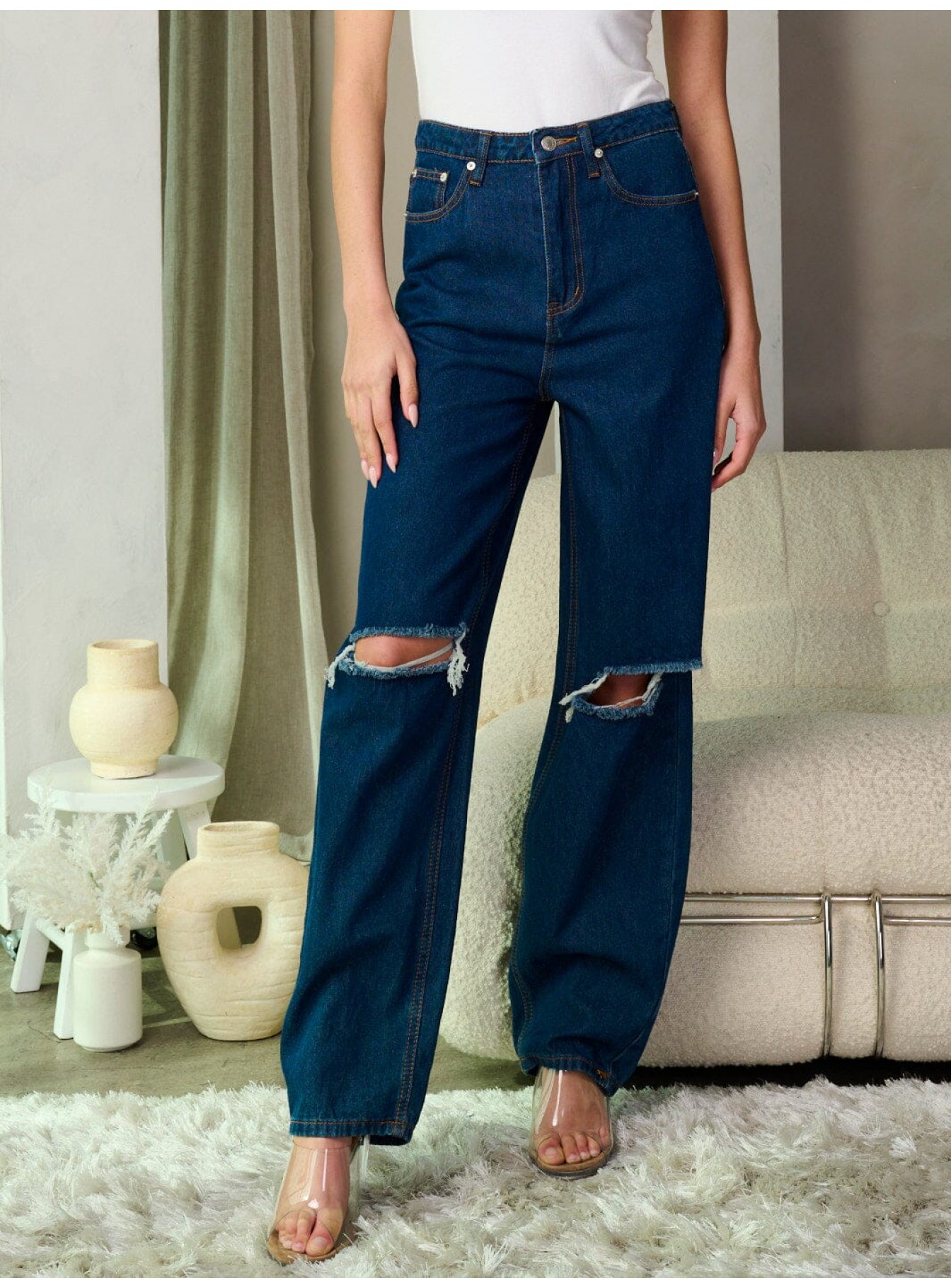 WOMEN'S BUTTON CLOSURE DISTRESS WIDE LEG DENIM PANTS
