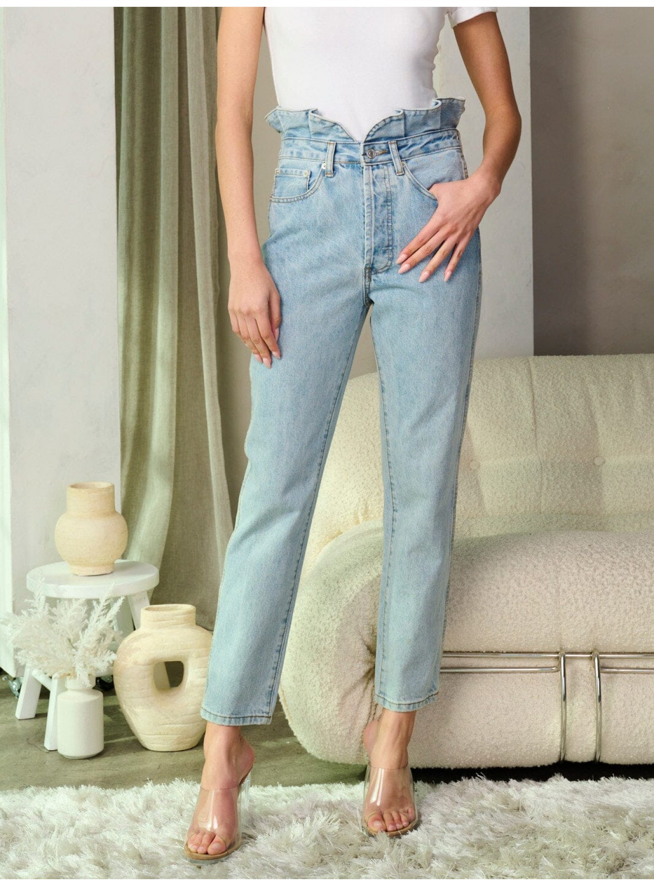 WOMEN'S BUTTON CLOSURE HIGH WAIST DENIM PANTS