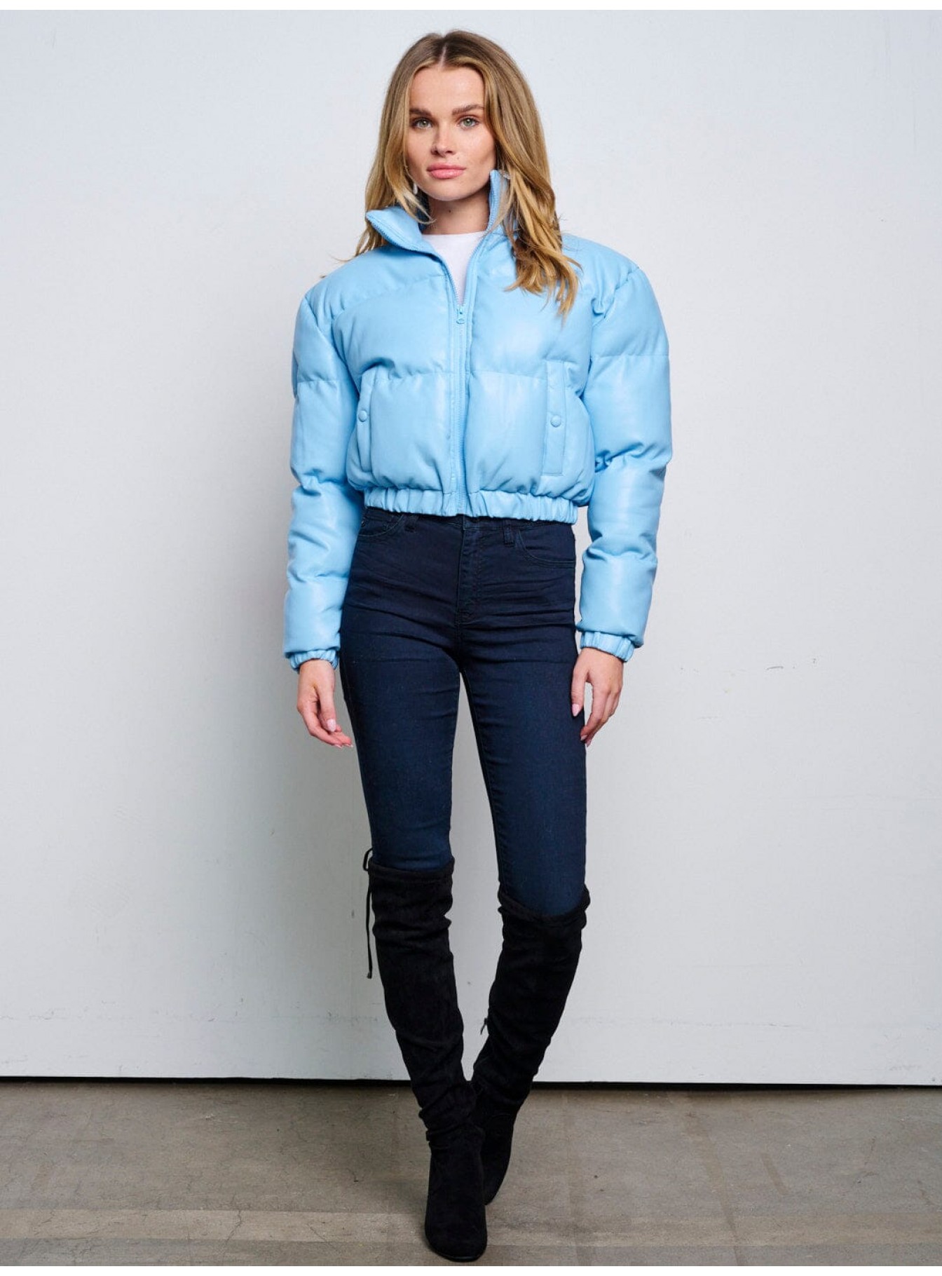 WOMEN'S LONG SLEEVE ZIP UP FRONT POCKETS PUFFER PU PLEATHER JACKET